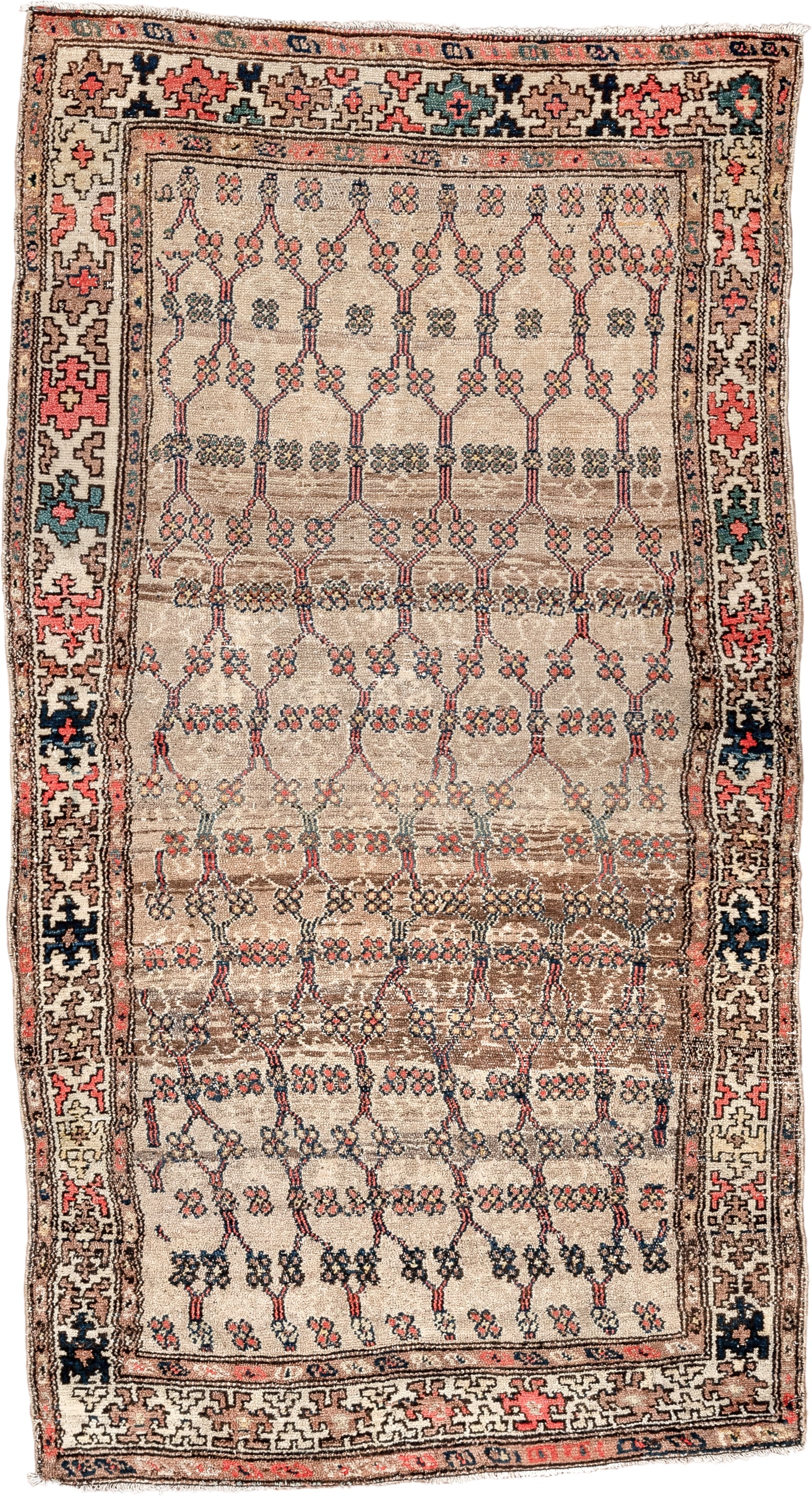 3' x 6' one-of-a-kind handmade antique Hamadan small size rug. Color palette: ivory, taupe, navy, coral, brown, teal