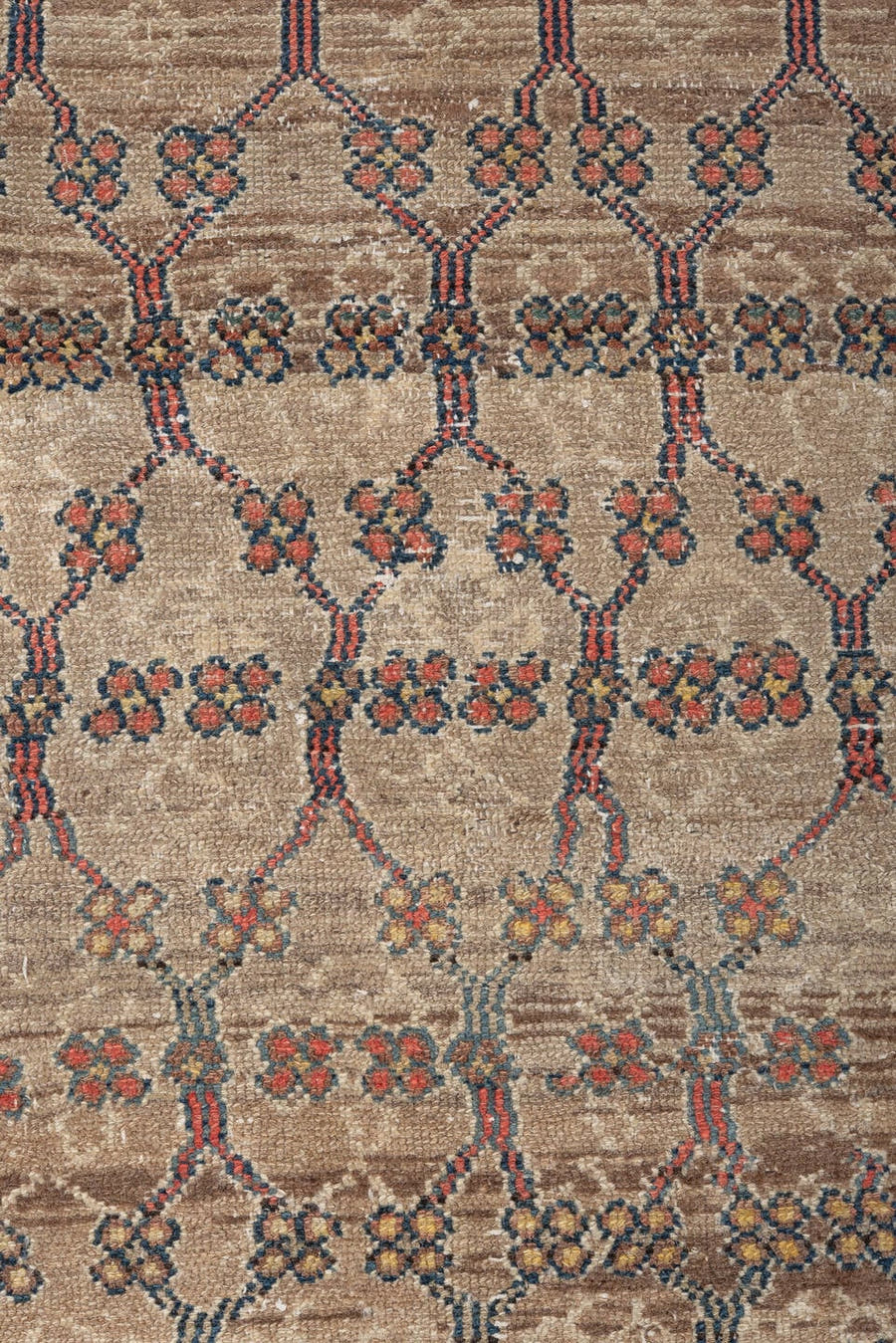 3' x 6' one-of-a-kind handmade antique Hamadan small size rug. Color palette: ivory, taupe, navy, coral, brown, teal