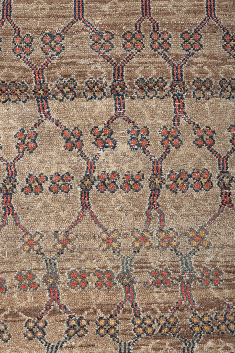 3' x 6' one-of-a-kind handmade antique Hamadan small size rug. Color palette: ivory, taupe, navy, coral, brown, teal
