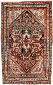 3' x 5' one-of-a-kind handmade antique Malayer small size rug. Color palette: ivory, charcoal, rust, rose, indigo, taupe