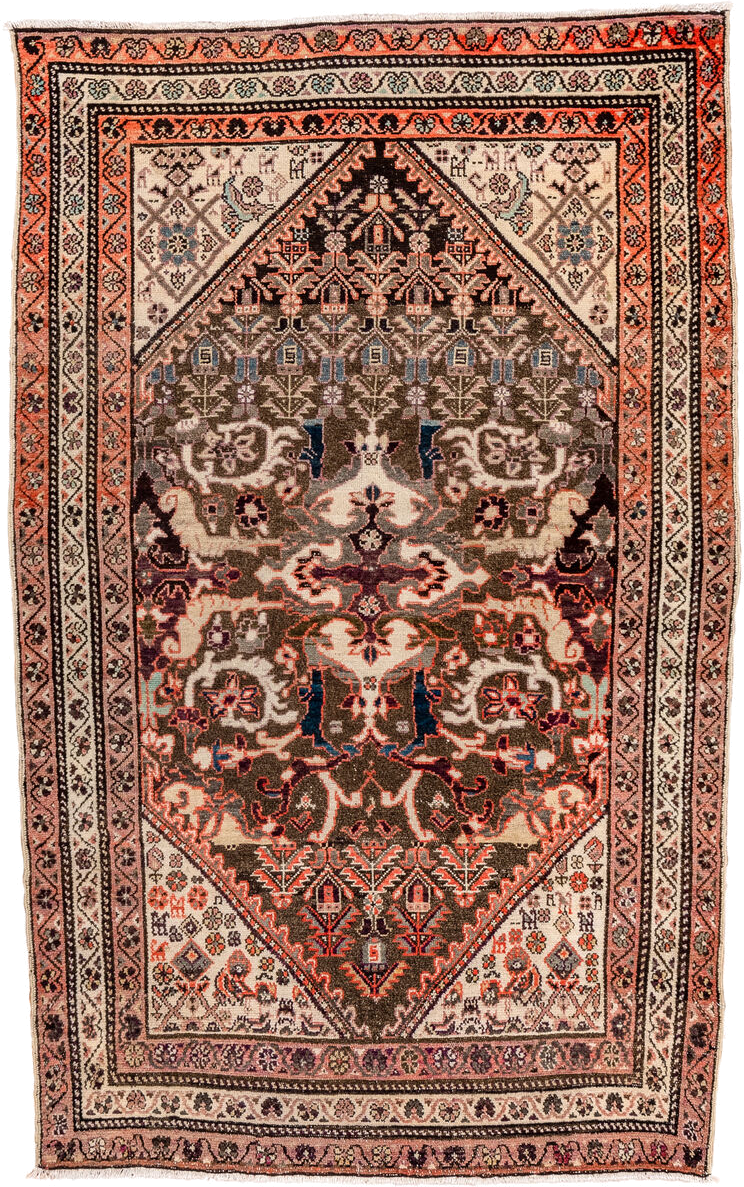3' x 5' one-of-a-kind handmade antique Malayer small size rug. Color palette: ivory, charcoal, rust, rose, indigo, taupe