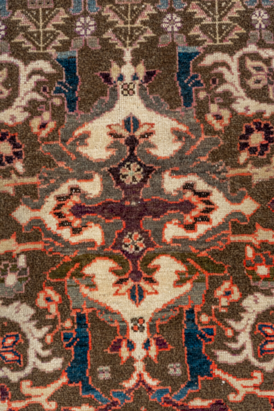 3' x 5' one-of-a-kind handmade antique Malayer small size rug. Color palette: ivory, charcoal, rust, rose, indigo, taupe