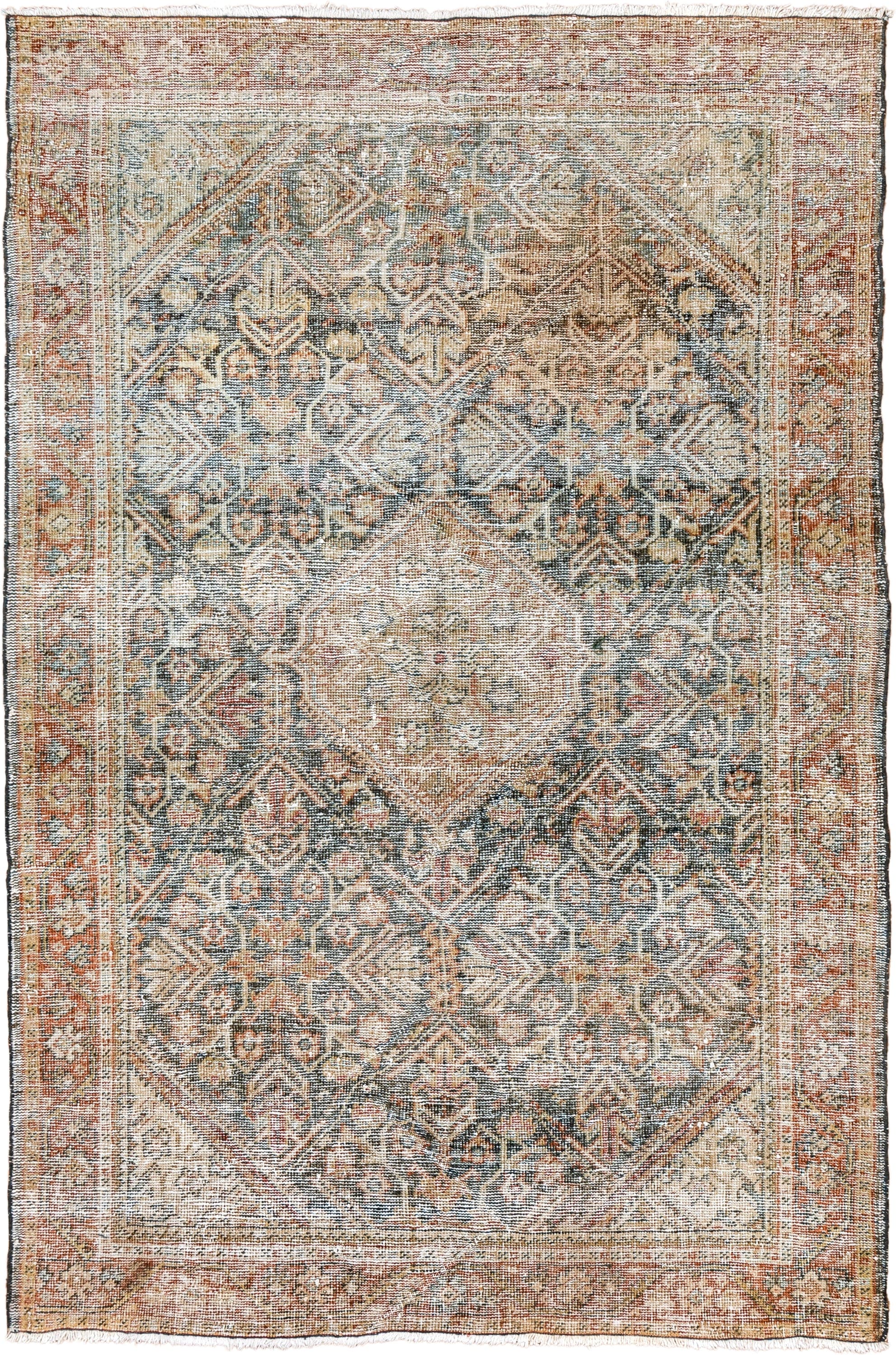 4' x 6' one-of-a-kind handmade antique Mahal small size rug. Color palette: ivory, rust, slate, taupe, terra cotta, sage