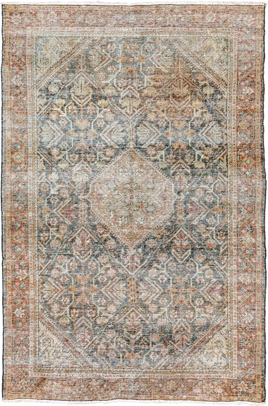 4' x 6' one-of-a-kind handmade antique Mahal small size rug. Color palette: ivory, rust, slate, taupe, terra cotta, sage
