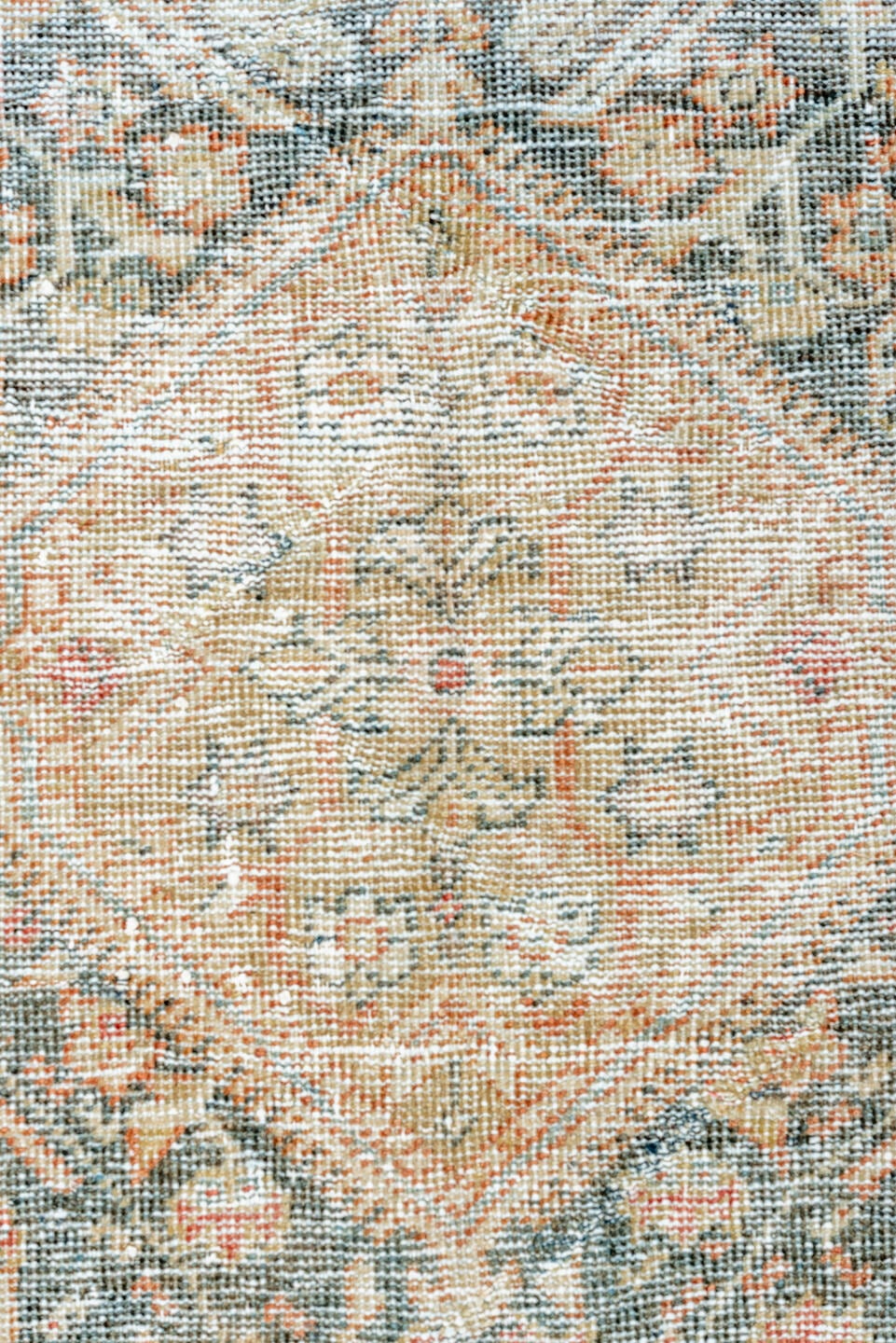 4' x 6' one-of-a-kind handmade antique Mahal small size rug. Color palette: ivory, rust, slate, taupe, terra cotta, sage