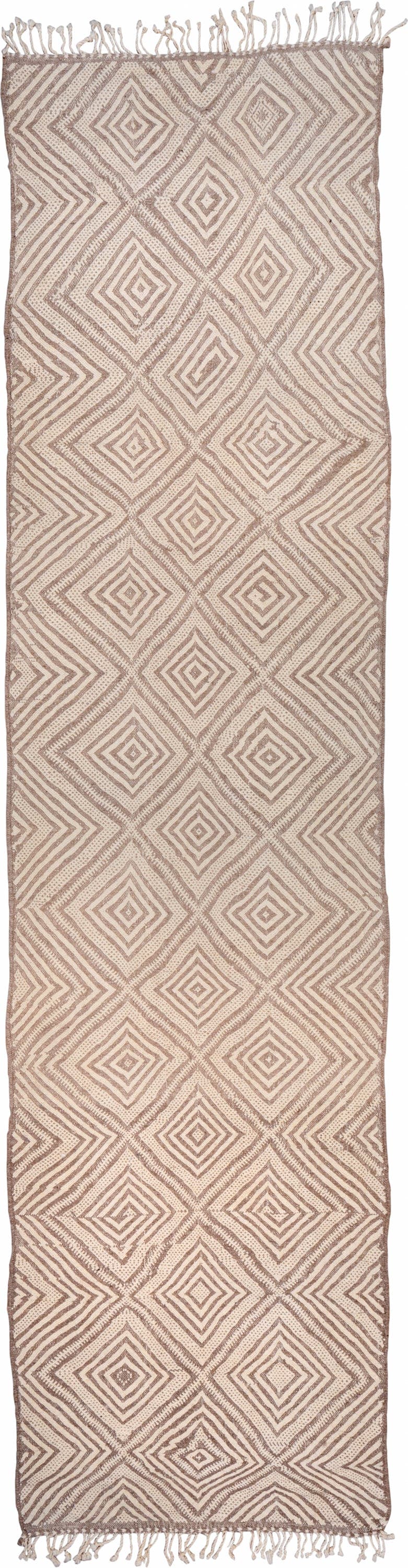 3' x 13' one-of-a-kind handmade vintage Kilim runner rug. Color palette: ivory, taupe, beige, camel, gray