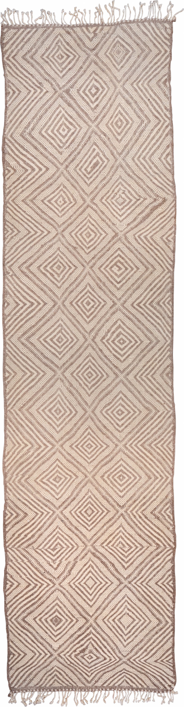 3' x 13' one-of-a-kind handmade vintage Kilim runner rug. Color palette: ivory, taupe, beige, camel, gray
