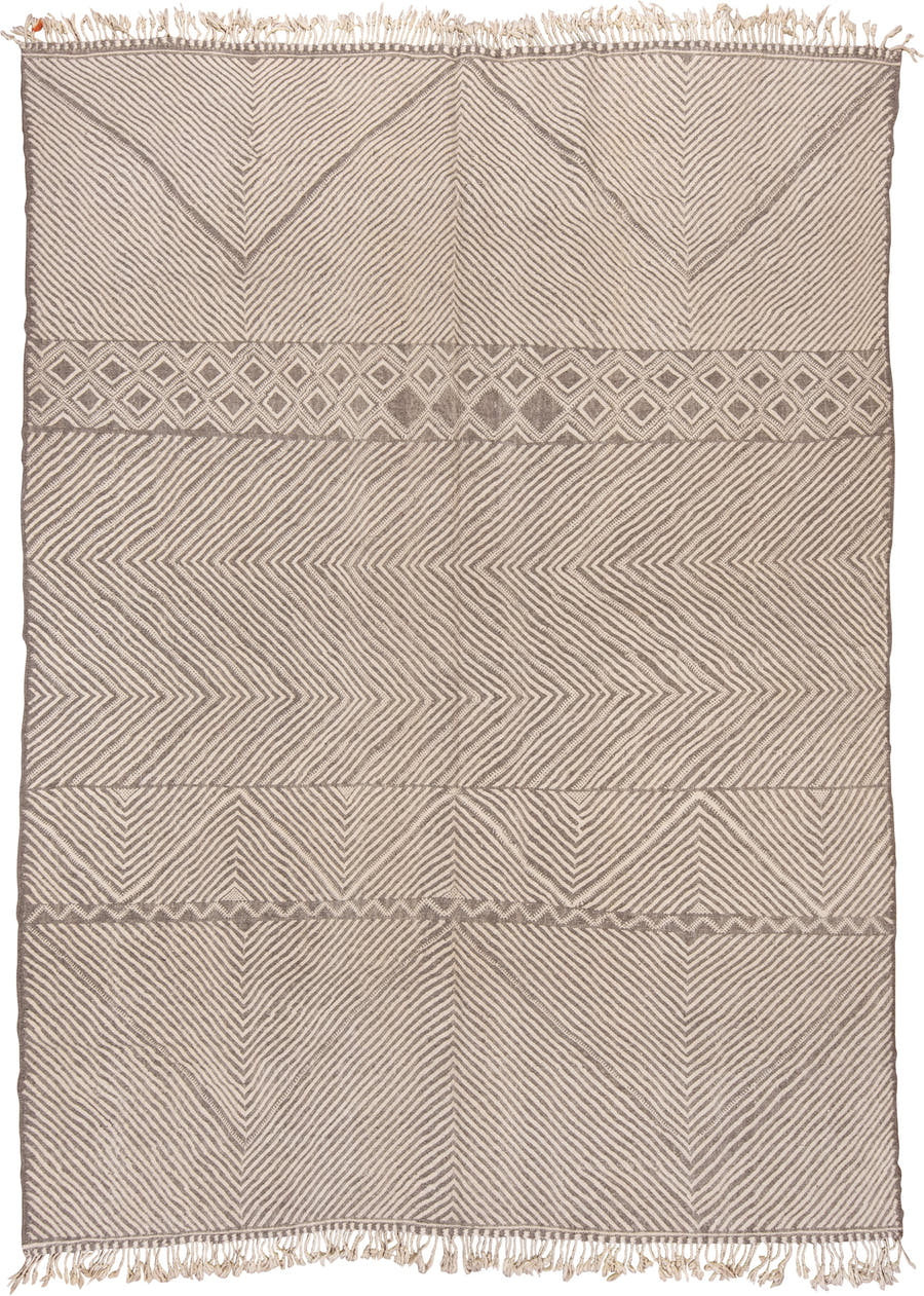 9' x 13' one-of-a-kind handmade vintage Kilim large size rug. Color palette: ivory, taupe, beige, gray