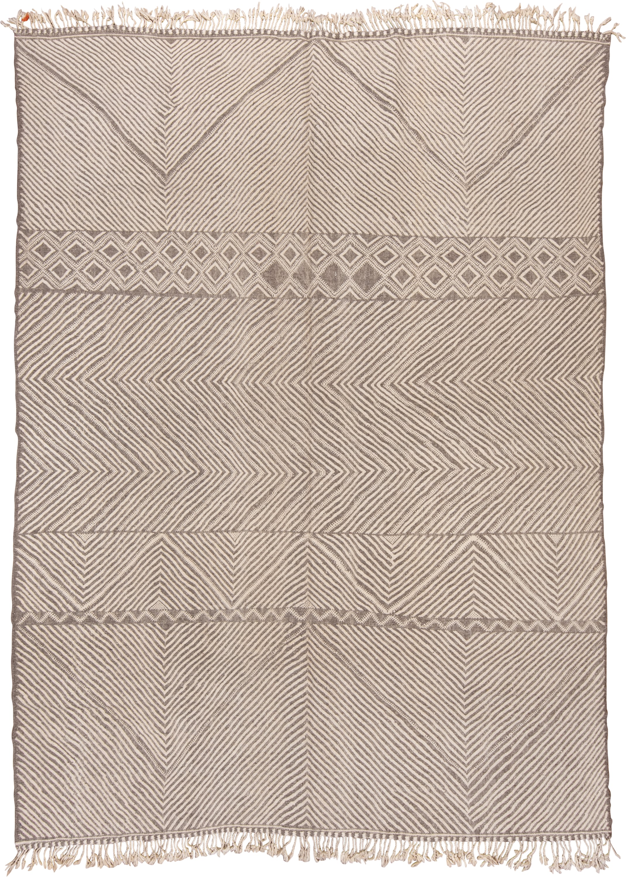 9' x 13' one-of-a-kind handmade vintage Kilim large size rug. Color palette: ivory, taupe, beige, gray