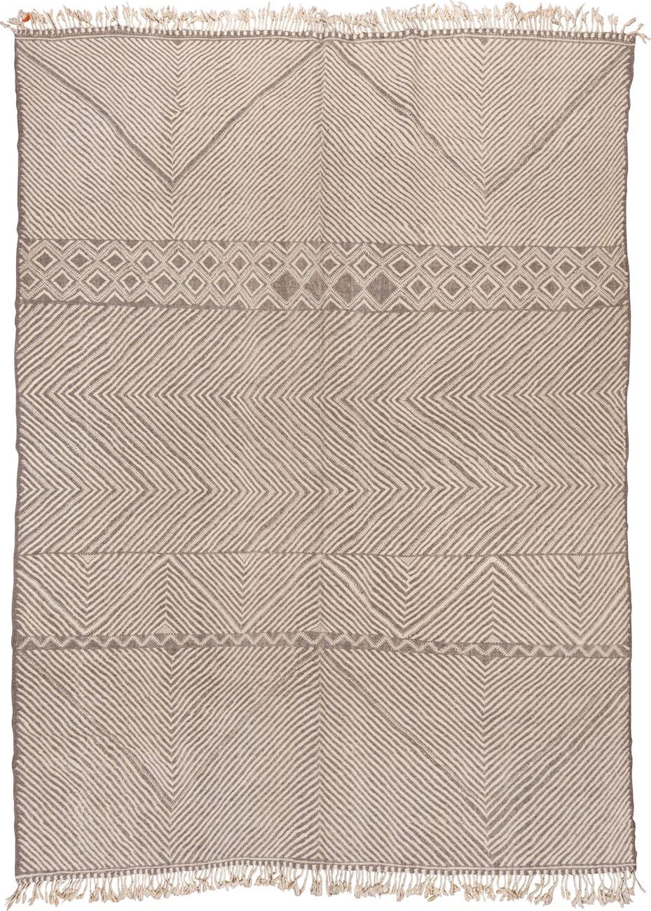 9' x 13' one-of-a-kind handmade vintage Kilim large size rug. Color palette: ivory, taupe, beige, gray