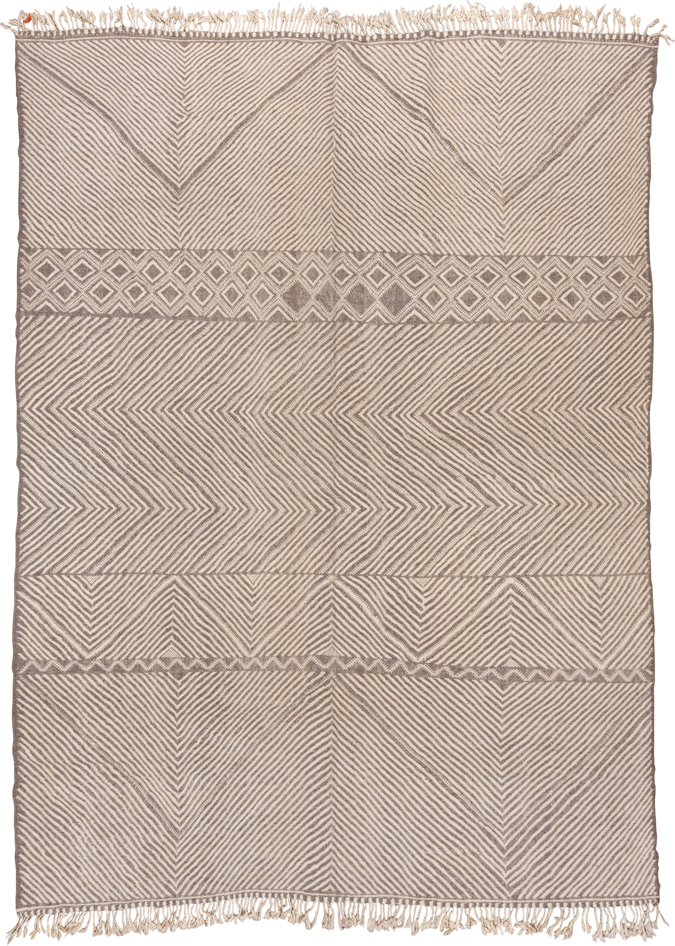 9' x 13' one-of-a-kind handmade vintage Kilim large size rug. Color palette: ivory, taupe, beige, gray