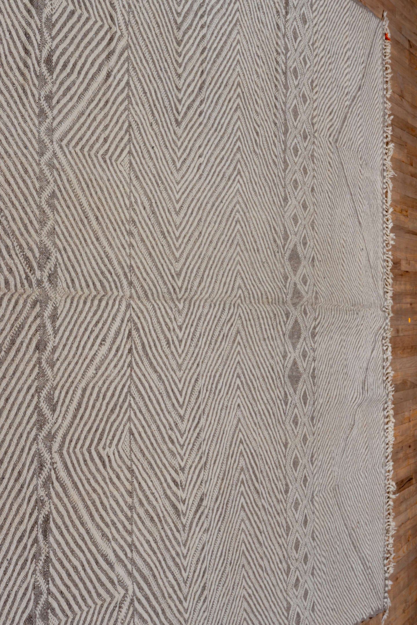 9' x 13' one-of-a-kind handmade vintage Kilim large size rug. Color palette: ivory, taupe, beige, gray