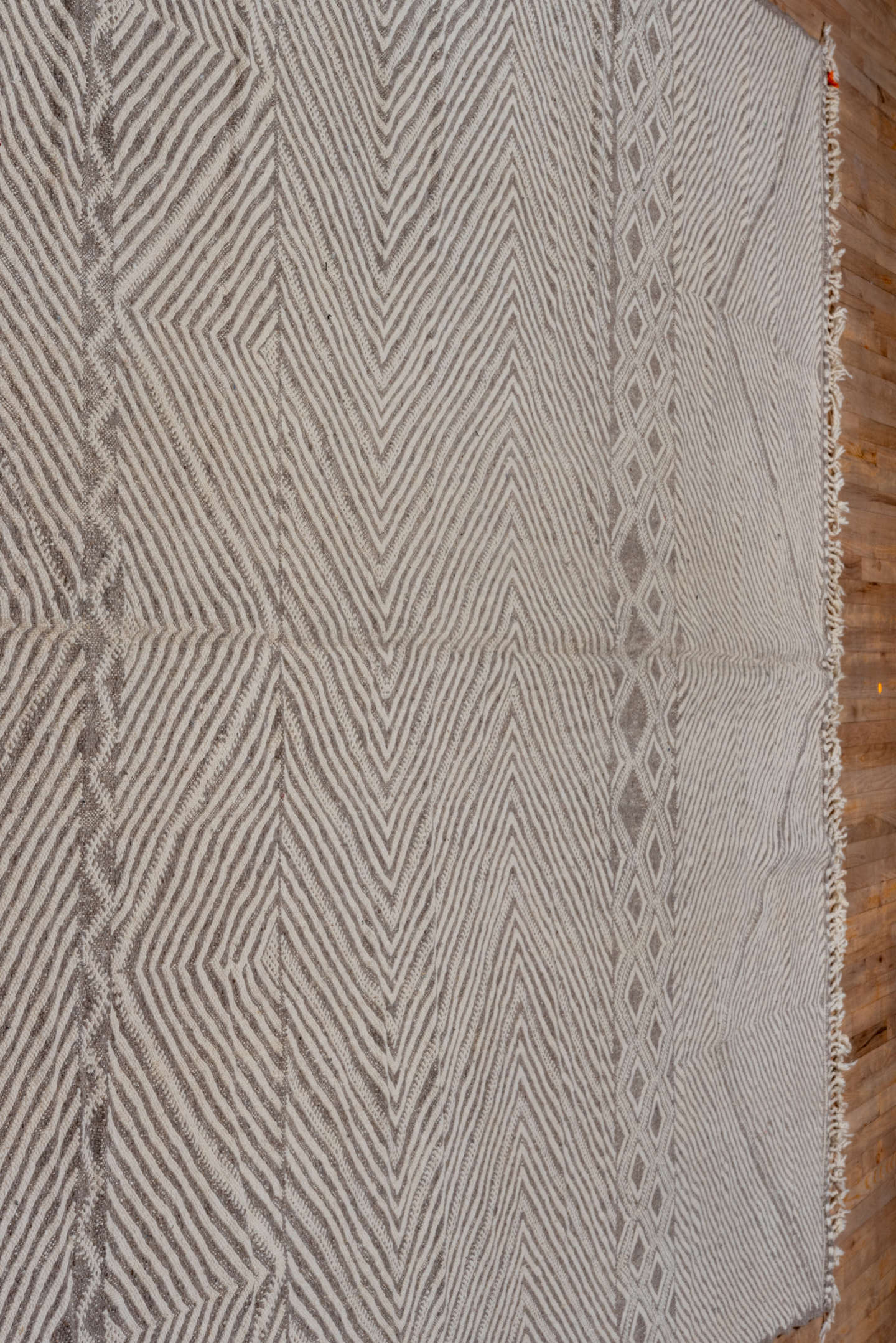 9' x 13' one-of-a-kind handmade vintage Kilim large size rug. Color palette: ivory, taupe, beige, gray