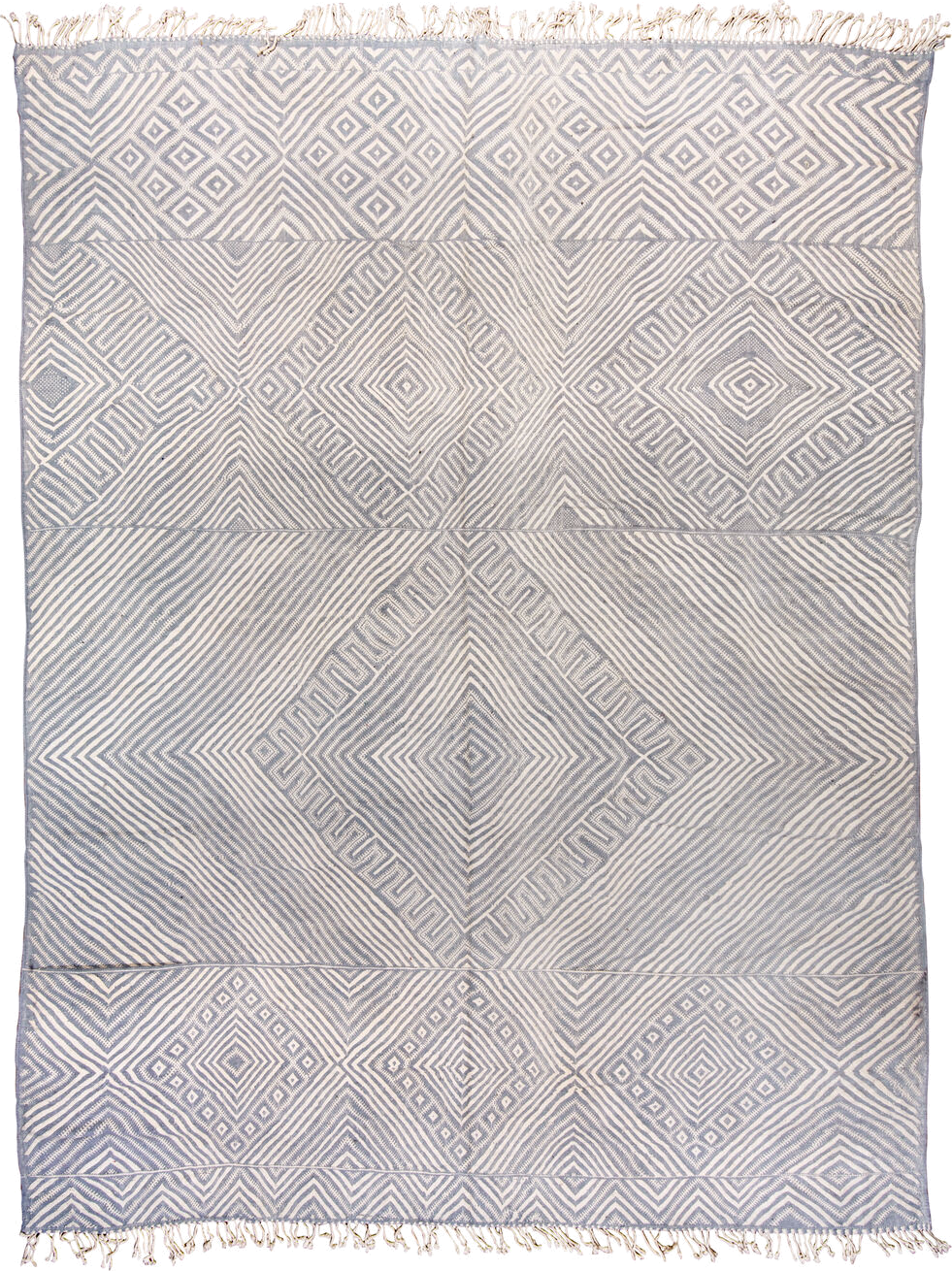 10' x 14' one-of-a-kind handmade vintage Kilim large size rug. Color palette: ivory, slate, pale blue, steel blue, gray