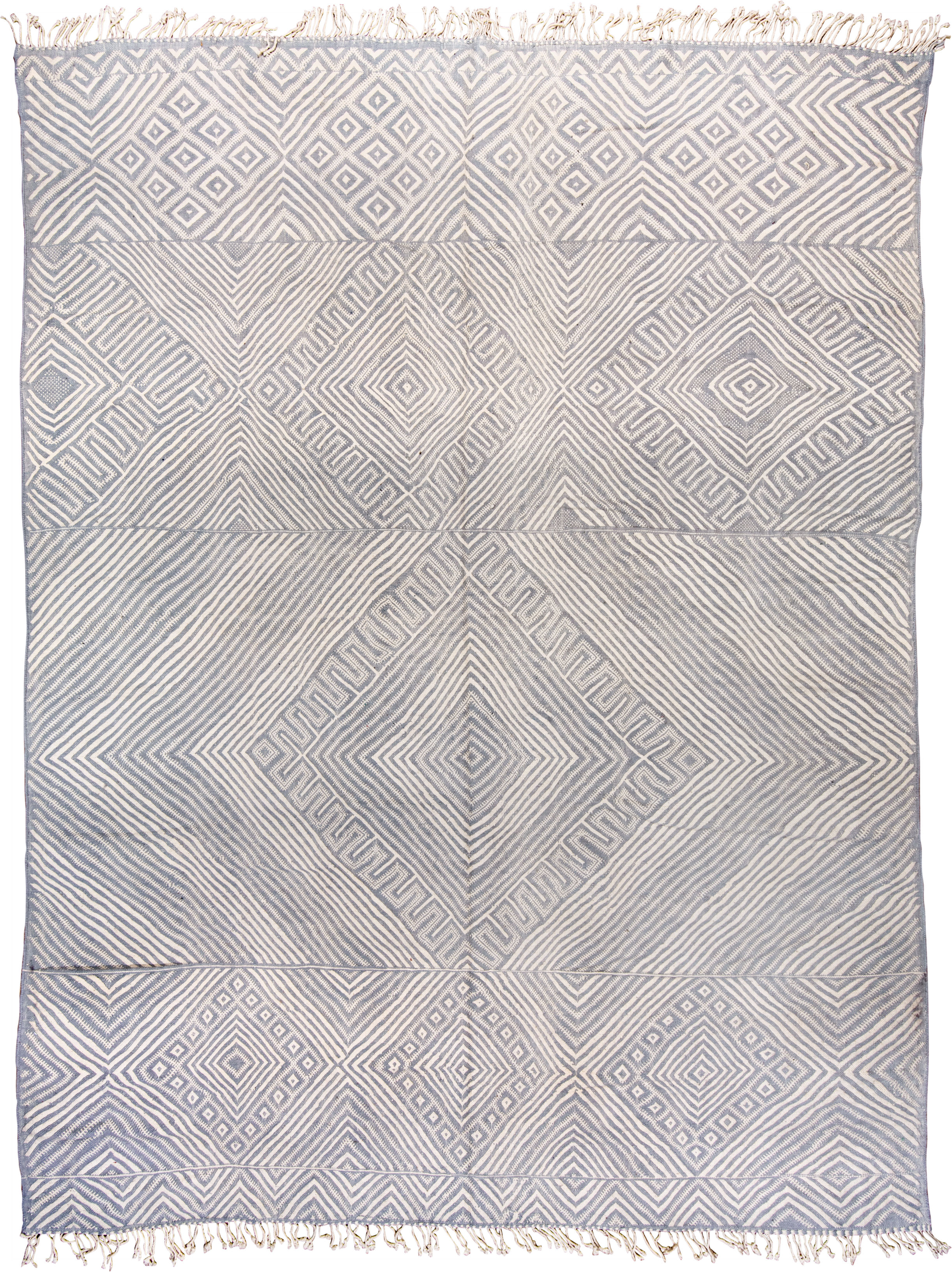 10' x 14' one-of-a-kind handmade vintage Kilim large size rug. Color palette: ivory, slate, pale blue, steel blue, gray