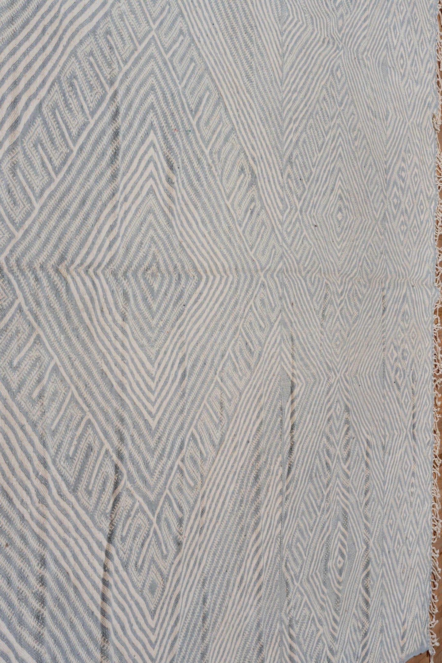 10' x 14' one-of-a-kind handmade vintage Kilim large size rug. Color palette: ivory, slate, pale blue, steel blue, gray