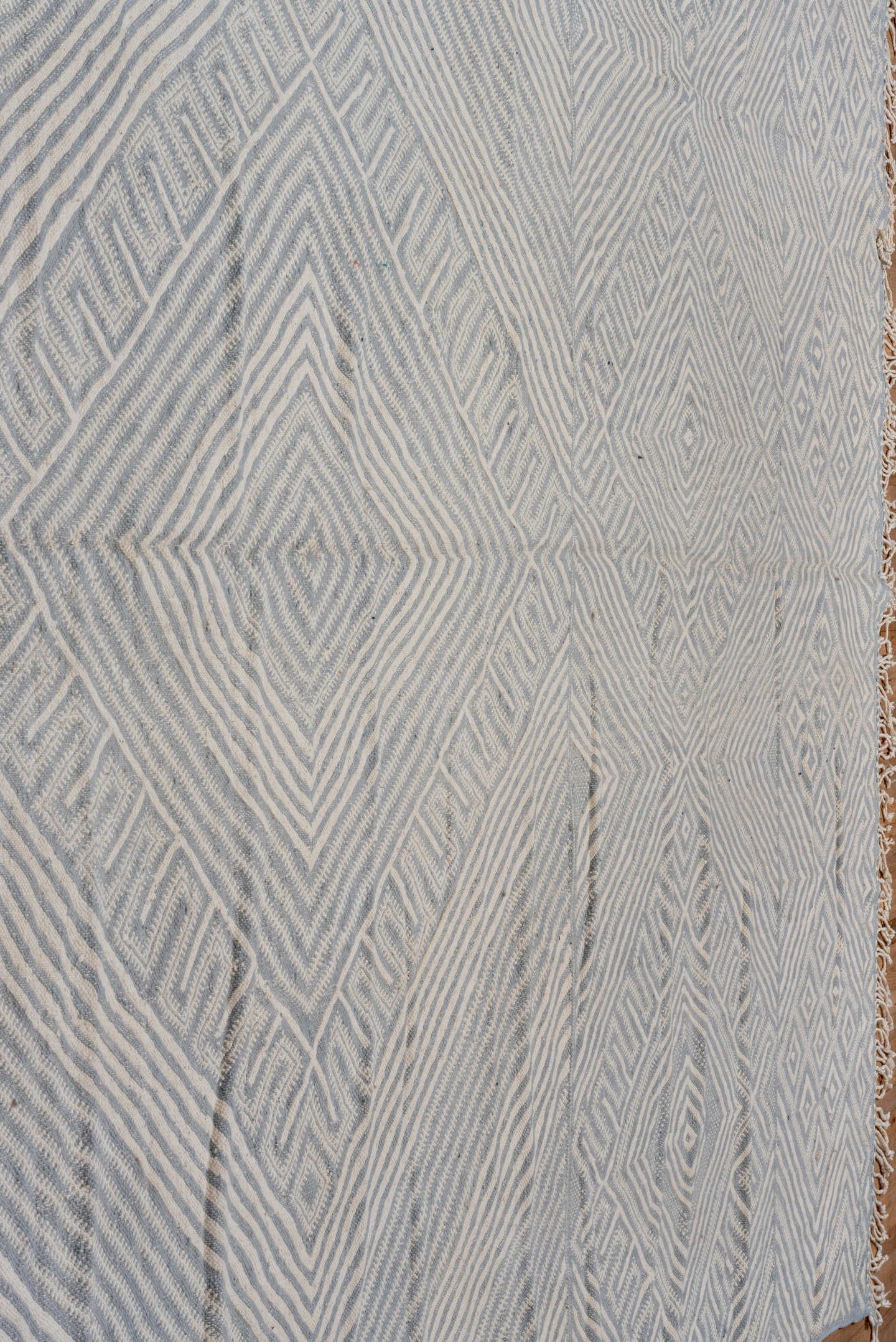 10' x 14' one-of-a-kind handmade vintage Kilim large size rug. Color palette: ivory, slate, pale blue, steel blue, gray