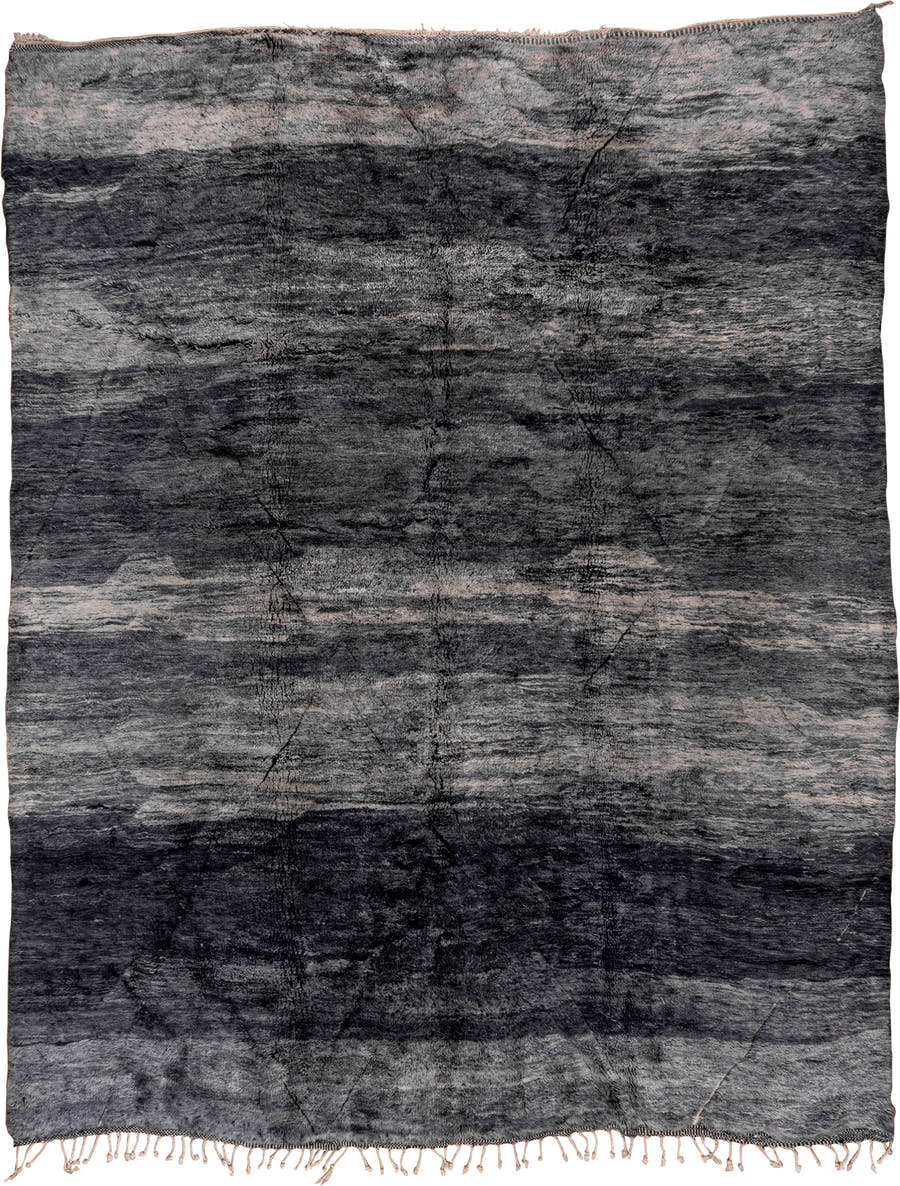 11' x 14' one-of-a-kind handmade vintage Moroccan oversize rug. Color palette: charcoal, gray, slate, ivory, black