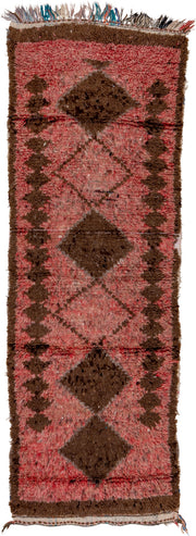 2' x 8' one-of-a-kind handmade vintage Moroccan runner rug. Color palette: rose, brown, dusty pink, mahogany, taupe, ivory