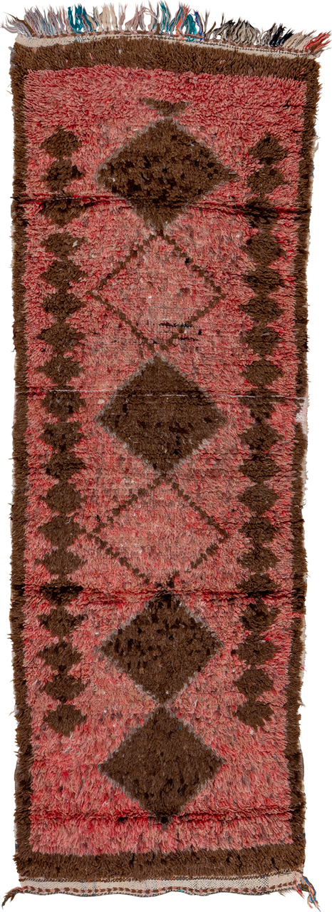 2' x 8' one-of-a-kind handmade vintage Moroccan runner rug. Color palette: rose, brown, dusty pink, mahogany, taupe, ivory