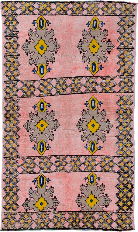 4' x 6' one-of-a-kind handmade vintage Moroccan small size rug. Color palette: pink, yellow, charcoal, taupe, blue, ivory
