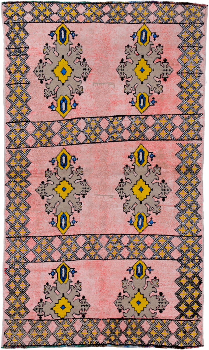 4' x 6' one-of-a-kind handmade vintage Moroccan small size rug. Color palette: pink, yellow, charcoal, taupe, blue, ivory