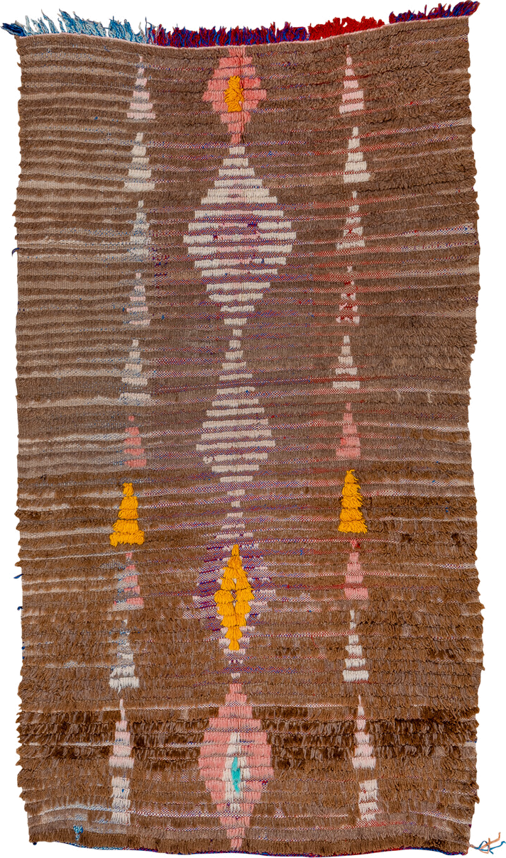 3' x 7' one-of-a-kind handmade vintage Moroccan rug. Color palette: blue, brown, gray, light gray, off-white, orange, pink