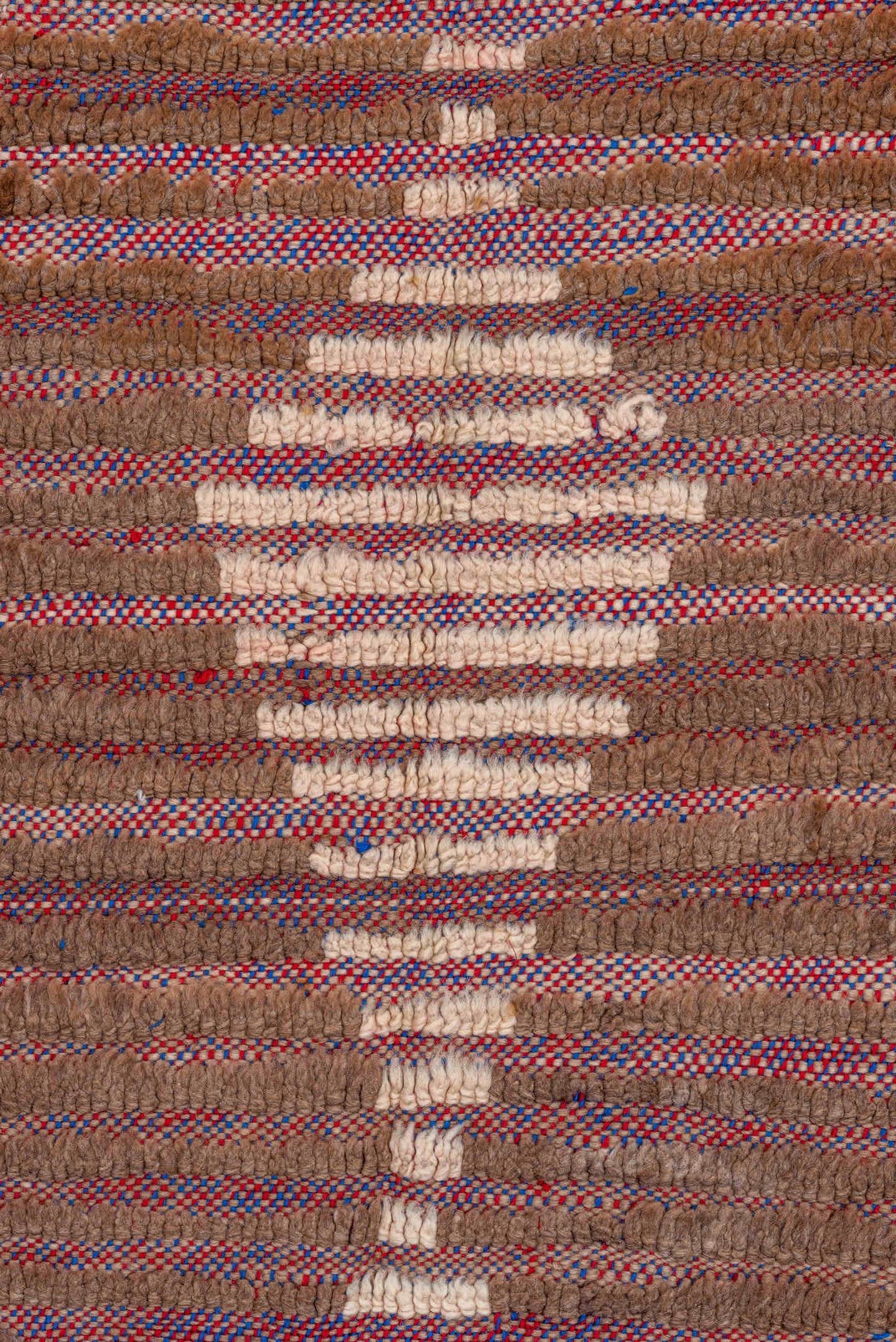 3' x 7' one-of-a-kind handmade vintage Moroccan rug. Color palette: brown, taupe, ivory, blush, saffron, rose, sky_blue
