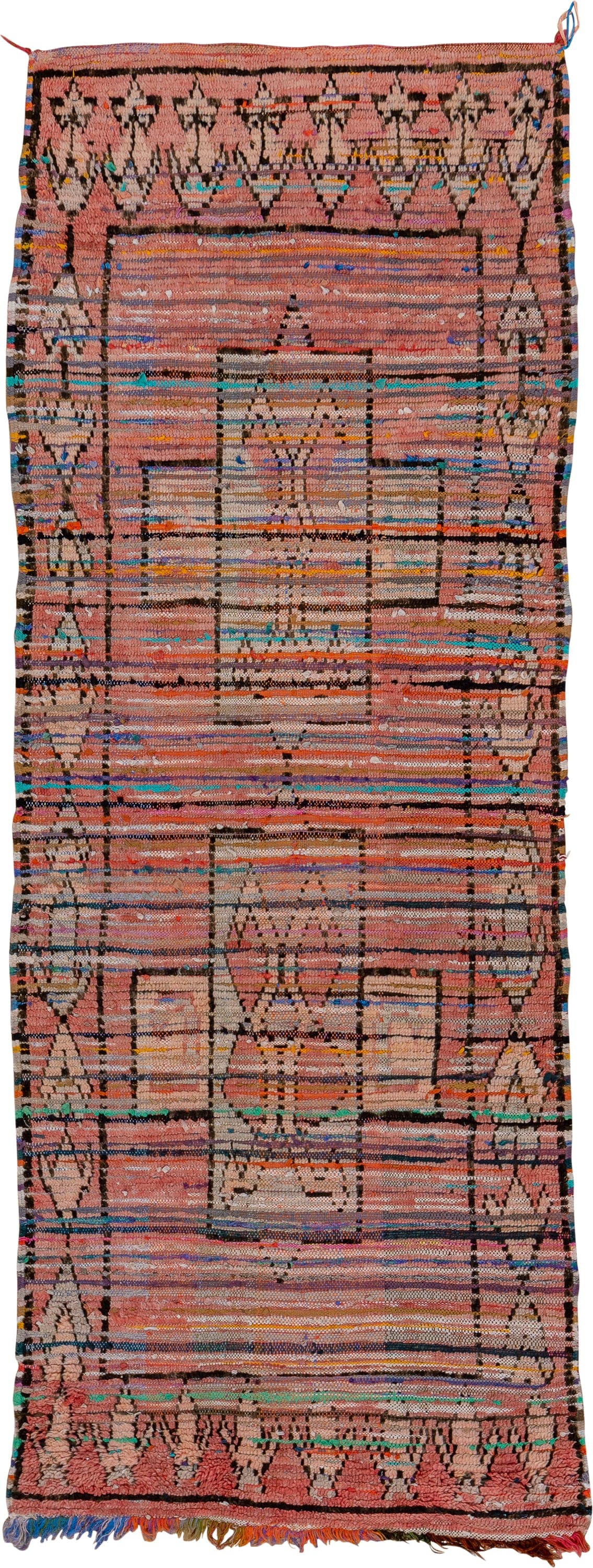 3' x 8' one-of-a-kind handmade vintage Moroccan runner rug. Color palette: rose, ivory, charcoal, taupe, turquoise, rust