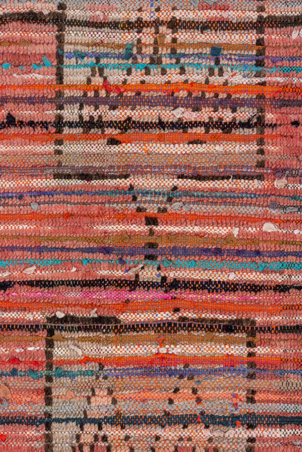 3' x 8' one-of-a-kind handmade vintage Moroccan runner rug. Color palette: rose, ivory, charcoal, taupe, turquoise, rust