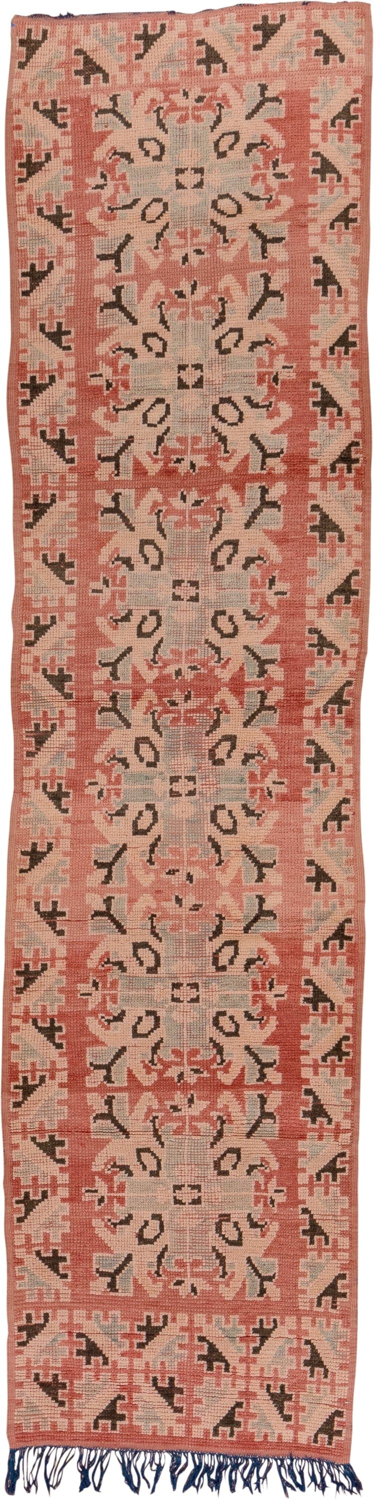3' x 11' one-of-a-kind handmade vintage Moroccan runner rug. Color palette: blush, terra cotta, ivory, charcoal, dusty rose