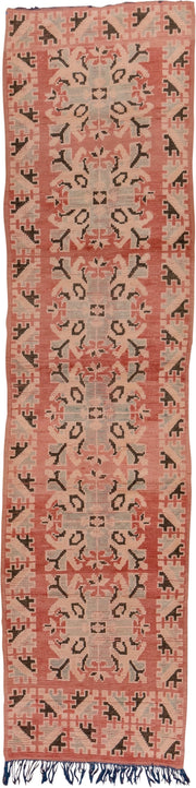3' x 11' one-of-a-kind handmade vintage Moroccan runner rug. Color palette: blush, terra cotta, ivory, charcoal, dusty rose
