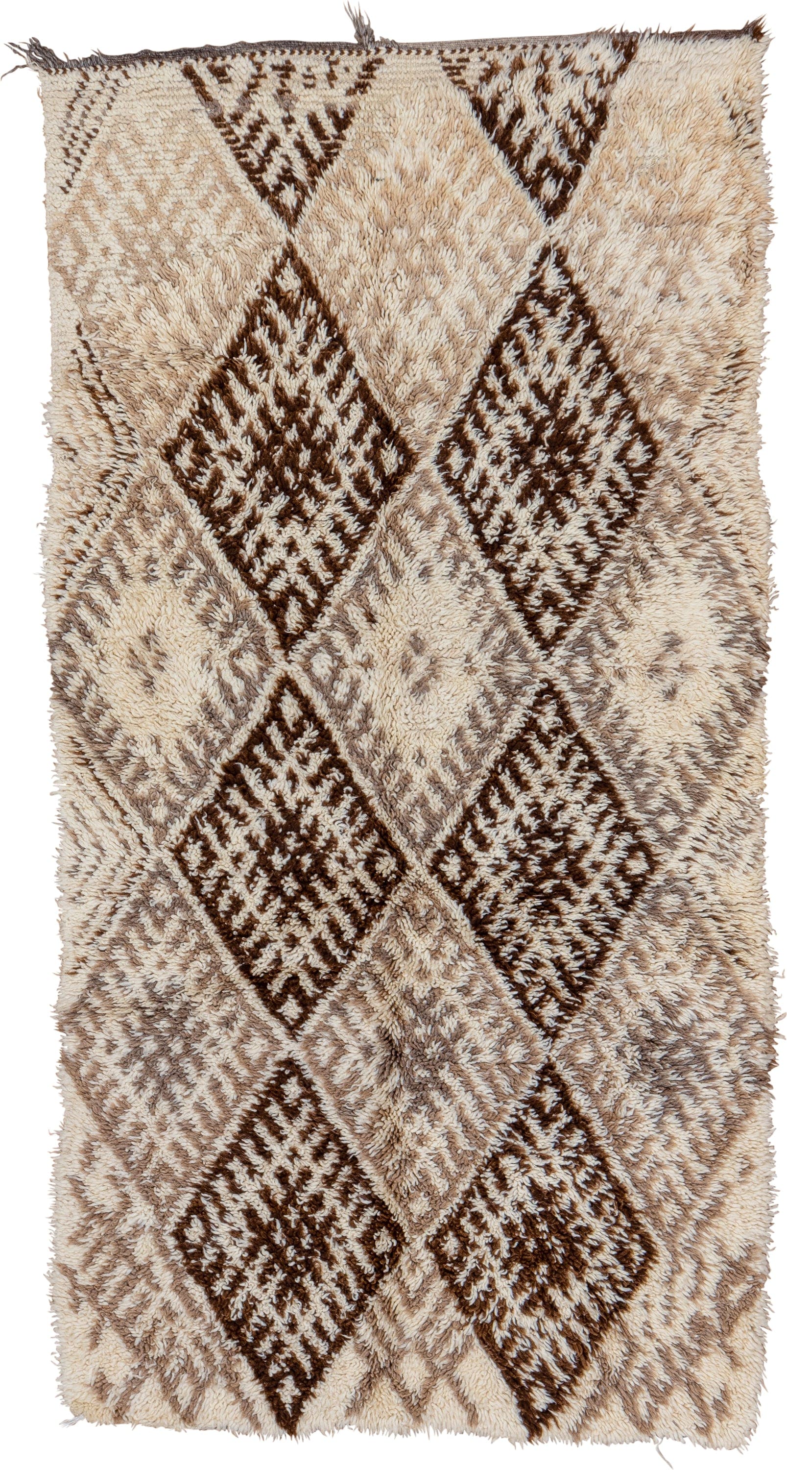 3' x 7' one-of-a-kind handmade vintage Moroccan rug. Color palette: ivory, brown, taupe, cream, beige, gray