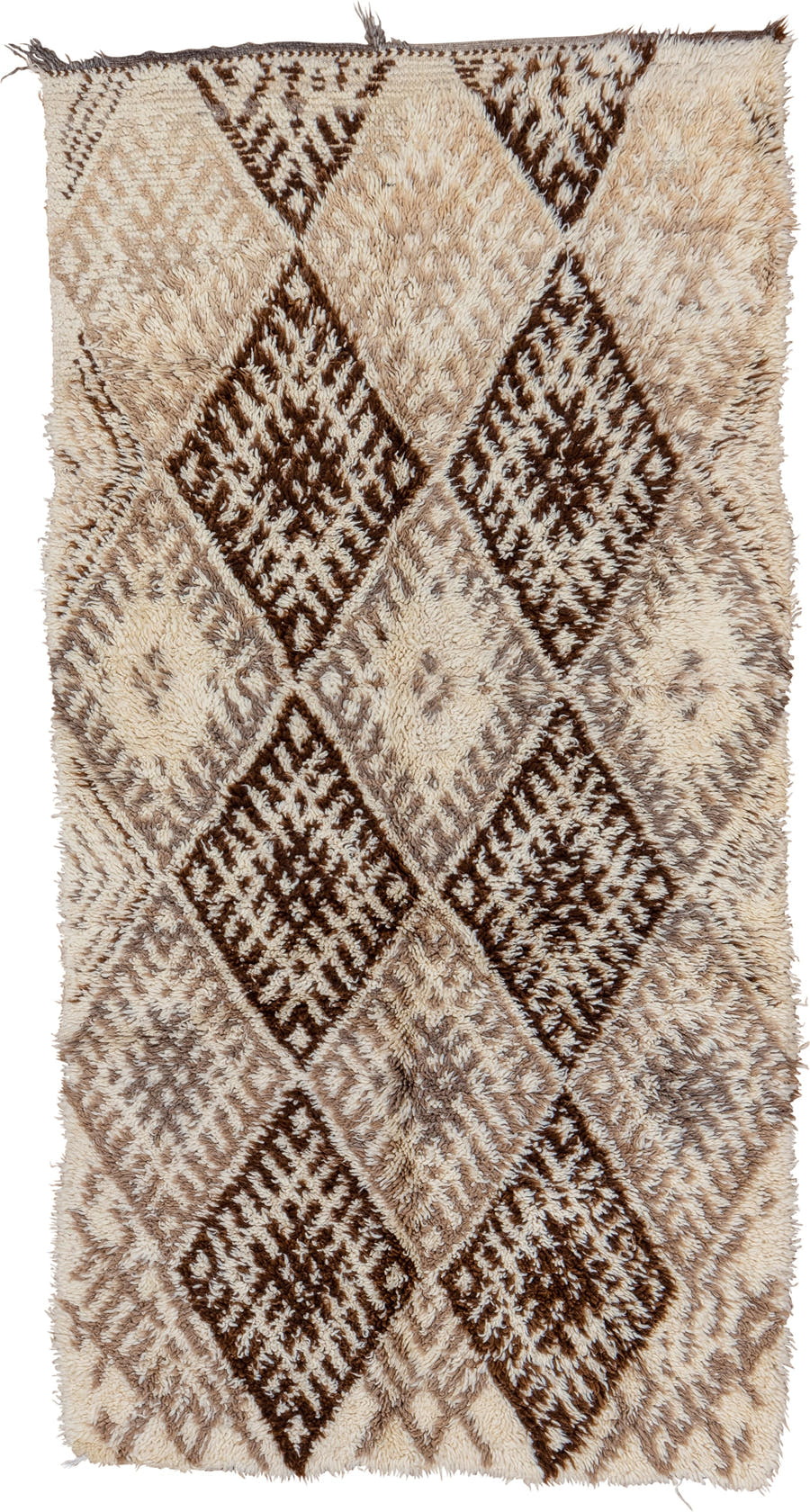 3' x 7' one-of-a-kind handmade vintage Moroccan rug. Color palette: ivory, brown, taupe, cream, beige, gray