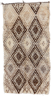 3' x 7' one-of-a-kind handmade vintage Moroccan rug. Color palette: ivory, brown, taupe, cream, beige, gray