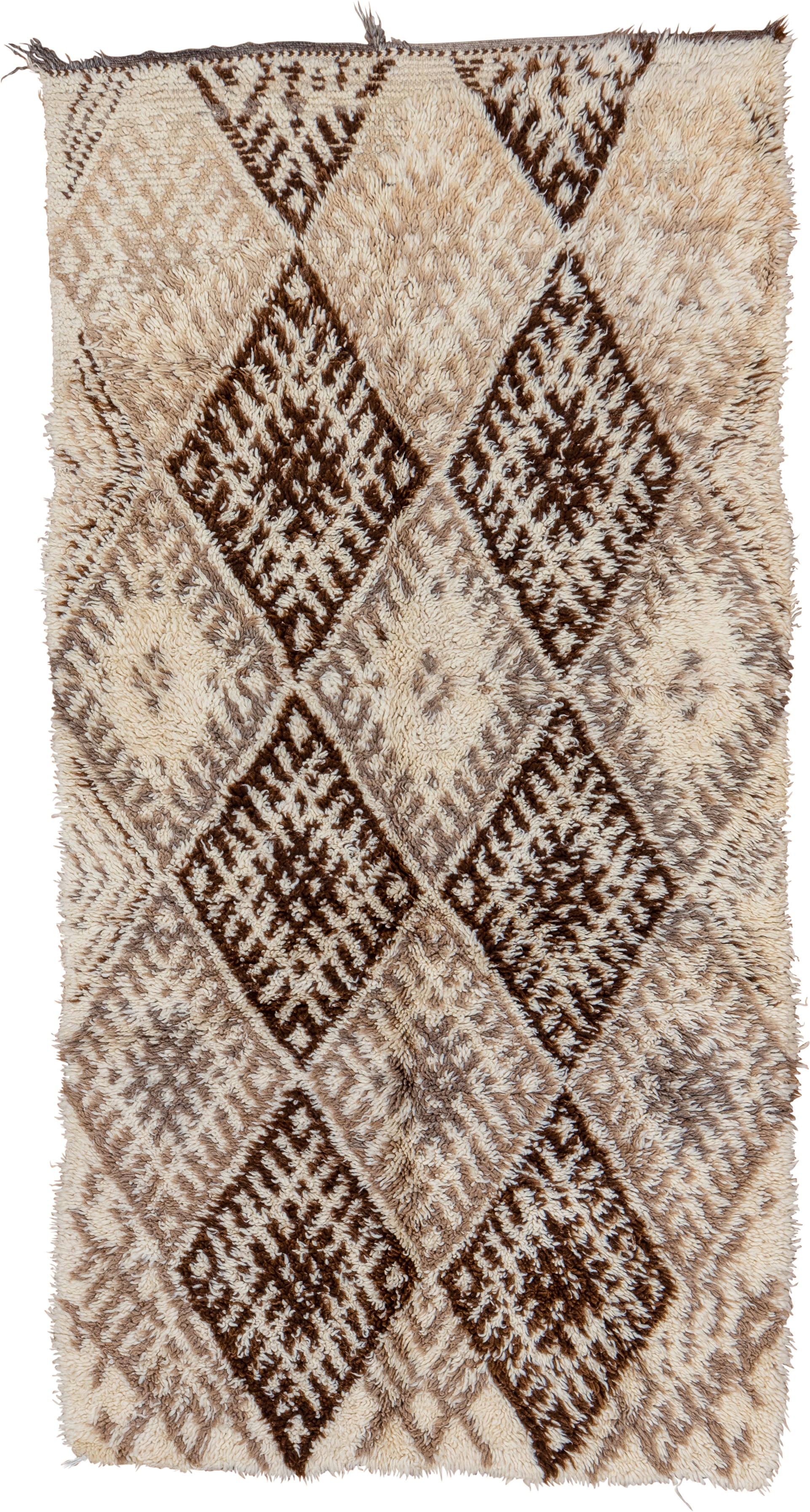 3' x 7' one-of-a-kind handmade vintage Moroccan rug. Color palette: ivory, brown, taupe, cream, beige, gray