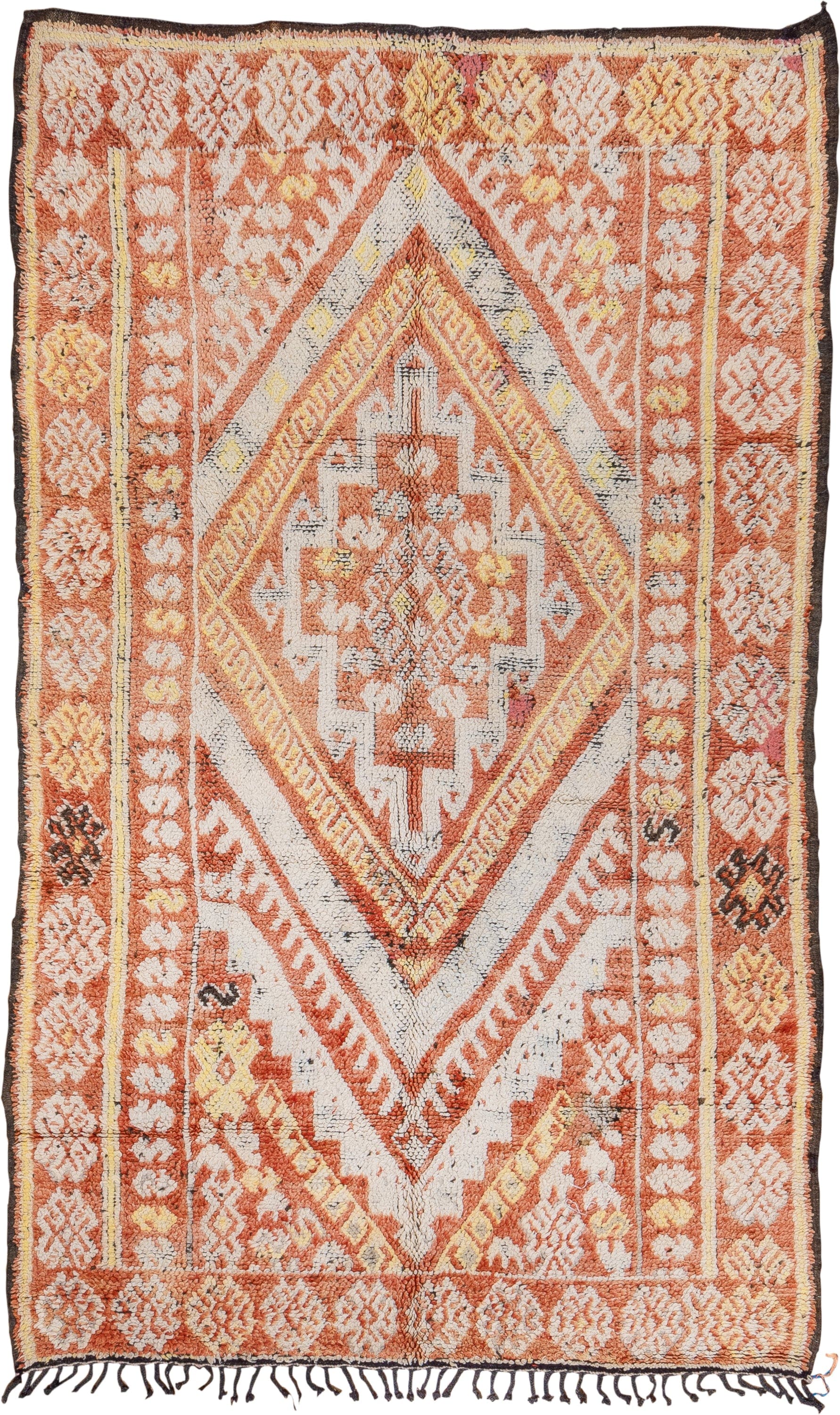 5' x 9' one-of-a-kind handmade vintage Moroccan medium size rug. Color palette: terra cotta, ivory, rust, gold, charcoal