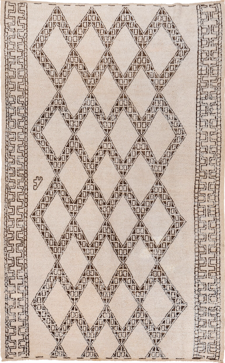 5' x 8' one-of-a-kind handmade vintage Moroccan medium size rug. Color palette: antiquewhite, brown, gray, light gray, linen