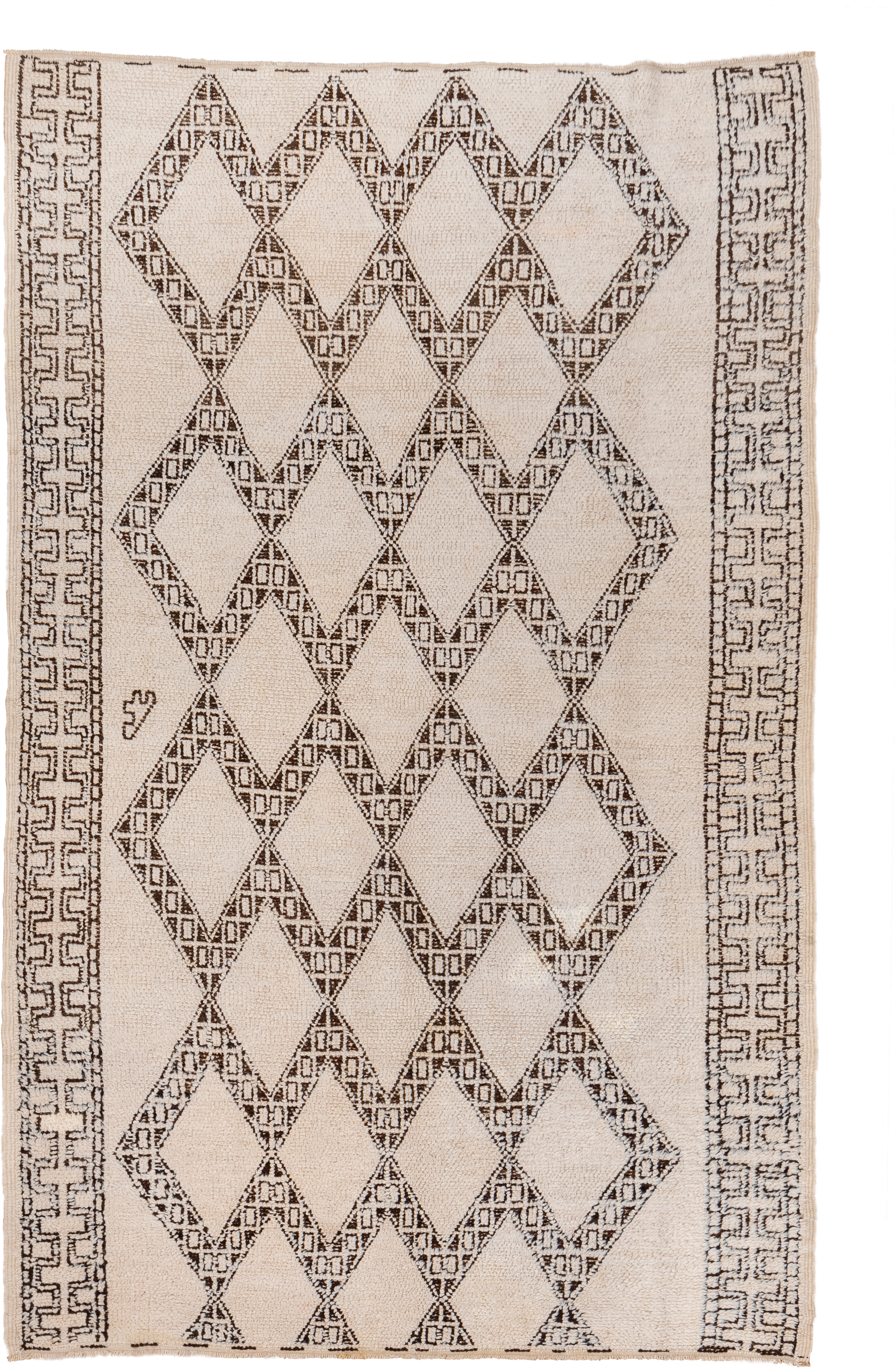 5' x 8' one-of-a-kind handmade vintage Moroccan medium size rug. Color palette: ivory, brown, taupe, beige, gray