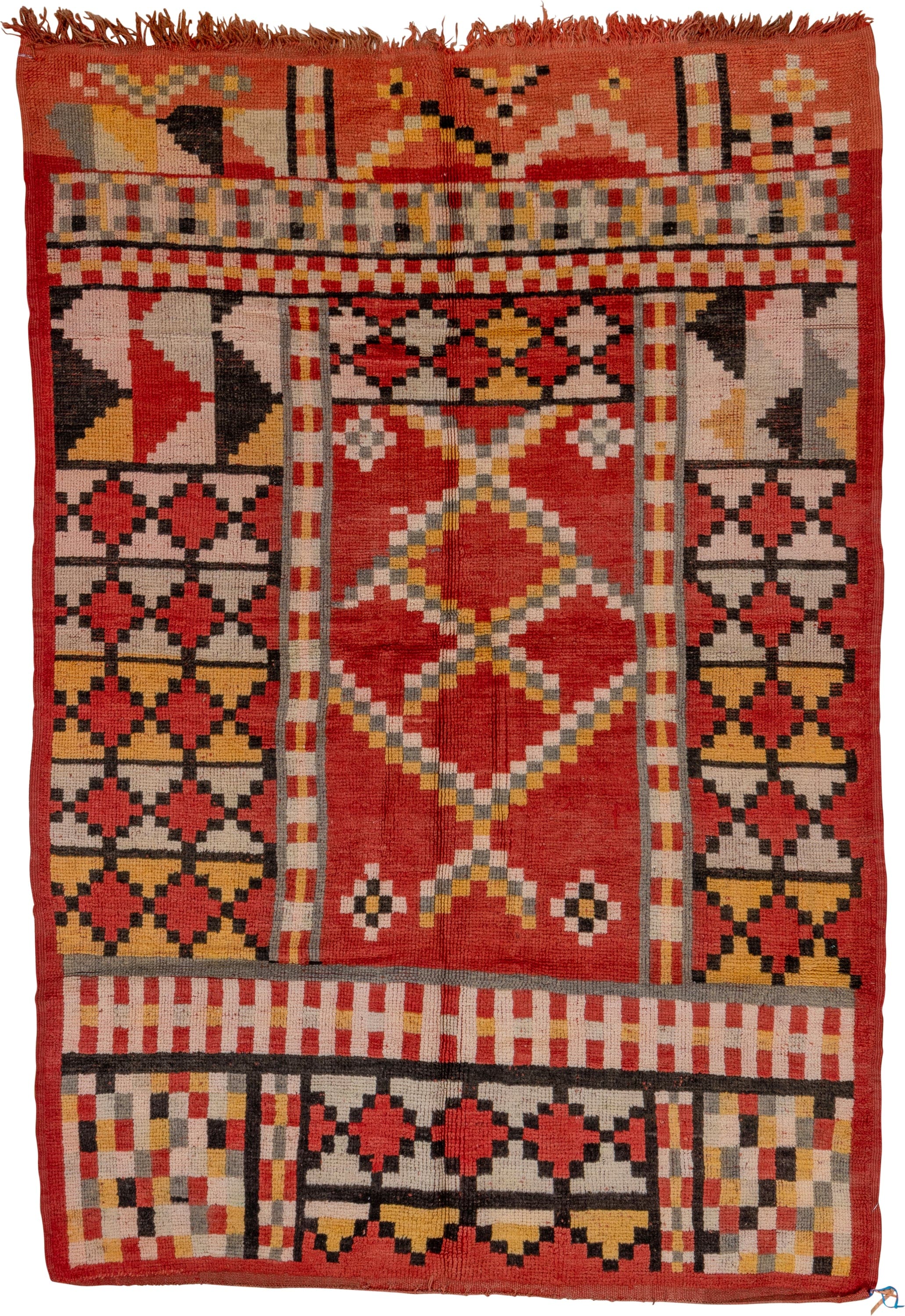 5' x 8' one-of-a-kind handmade vintage Moroccan medium size rug. Color palette: terra cotta, ivory, charcoal, gold, gray