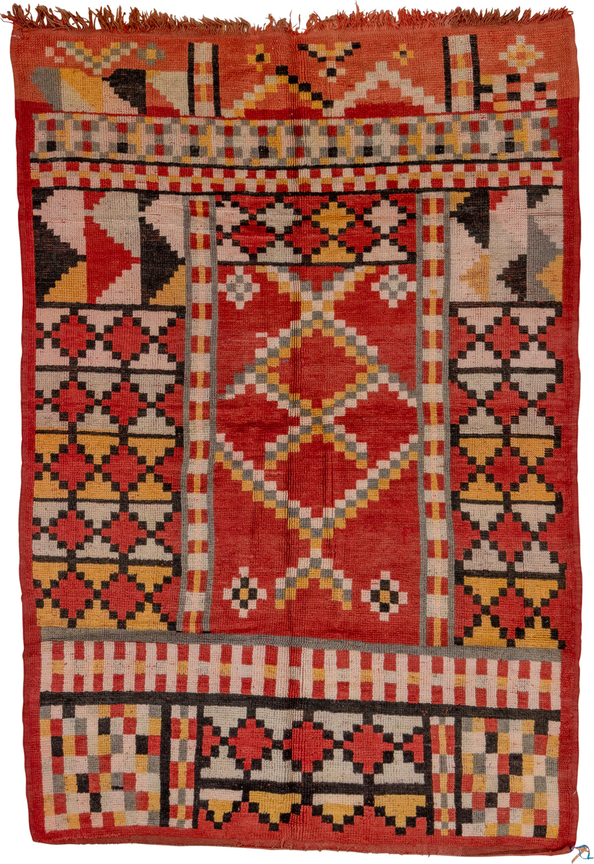 5' x 8' one-of-a-kind handmade vintage Moroccan medium size rug. Color palette: terra cotta, ivory, charcoal, gold, gray