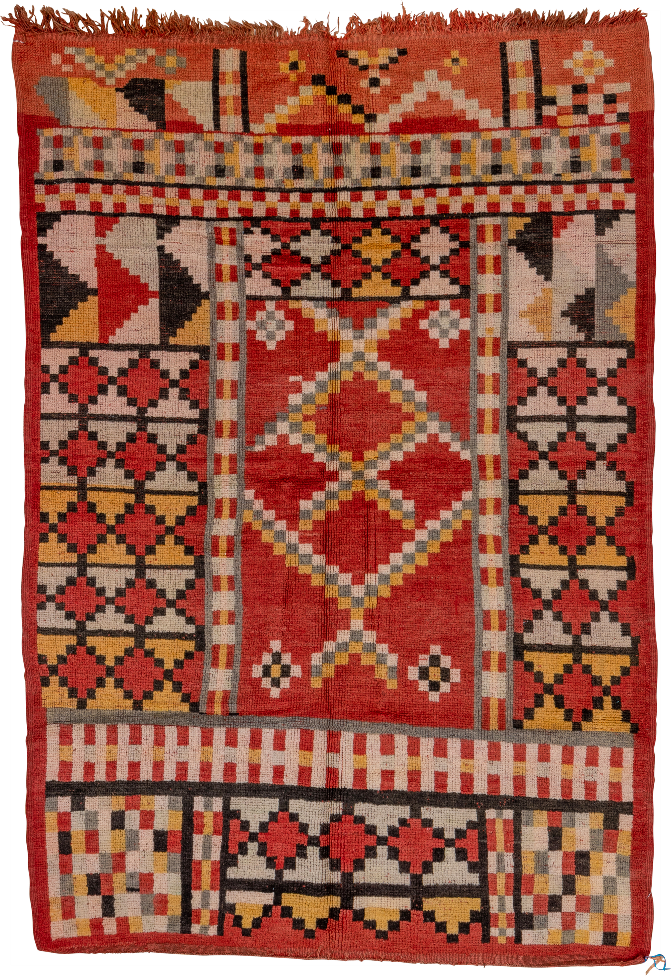 5' x 8' one-of-a-kind handmade vintage Moroccan medium size rug. Color palette: terra cotta, ivory, charcoal, gold, gray