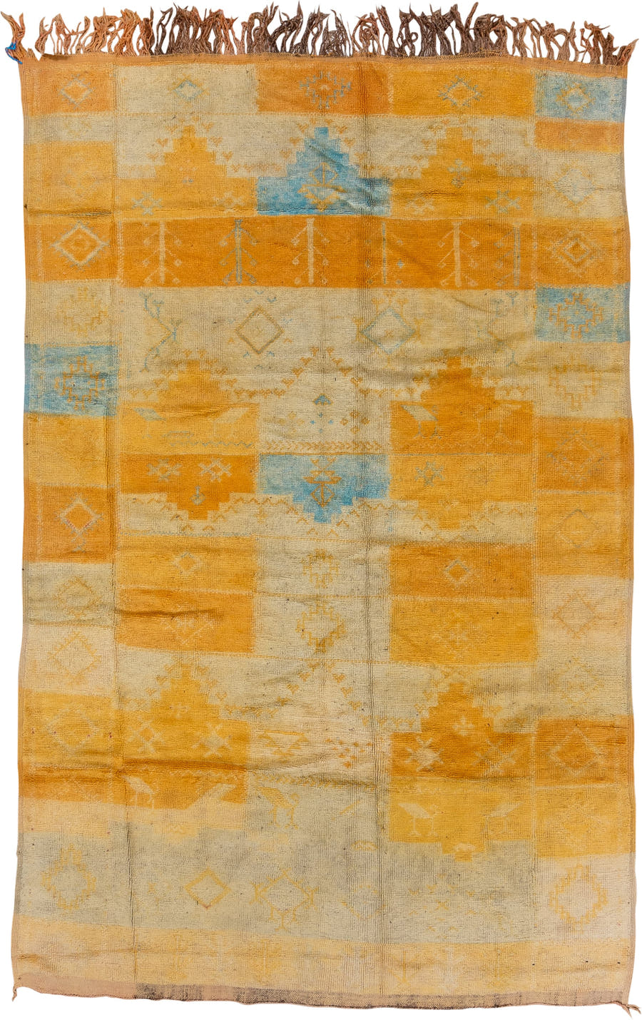 6' x 10' one-of-a-kind handmade vintage Moroccan large size rug. Color palette: saffron, ivory, gold, sky_blue, camel, taupe
