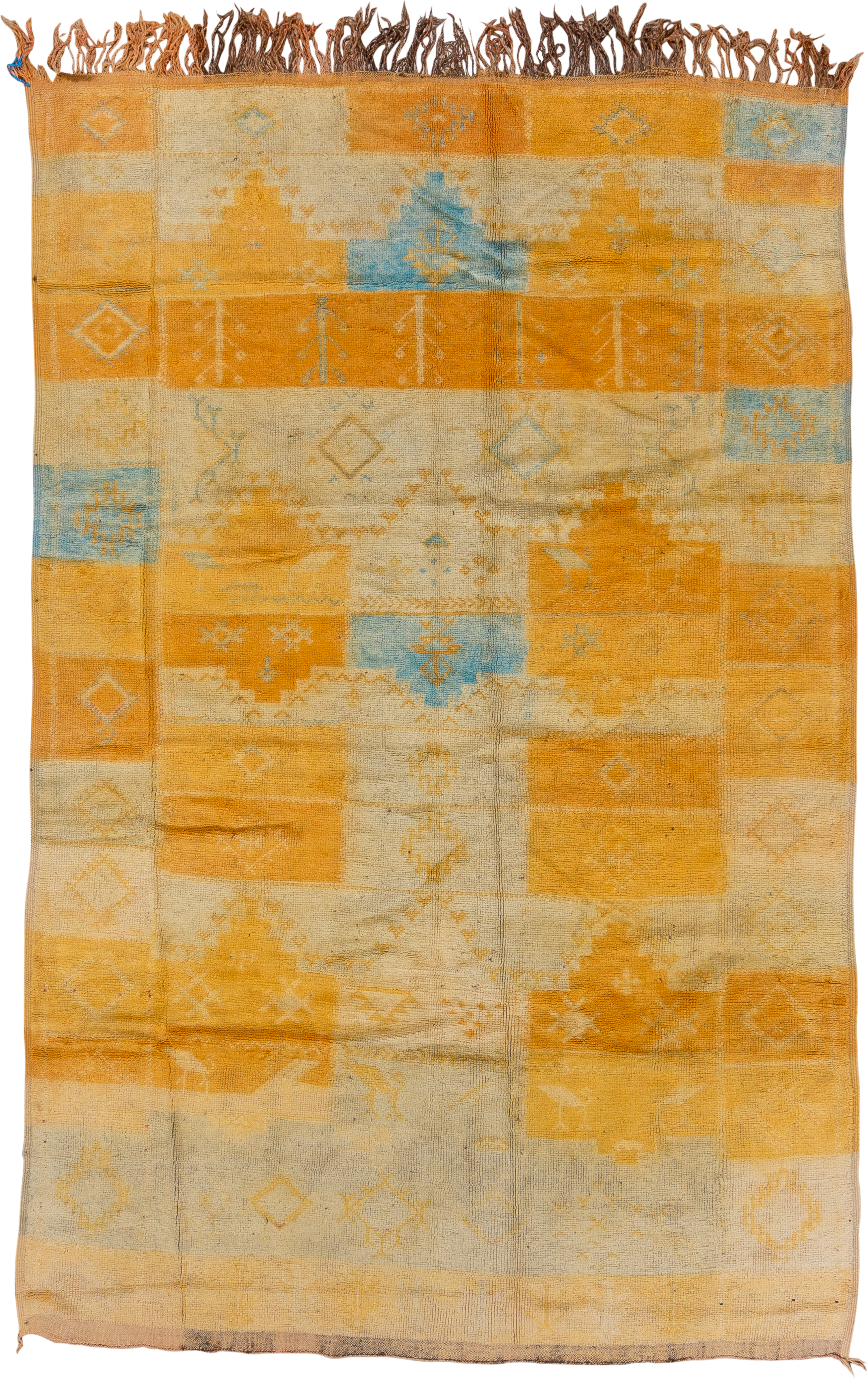 6' x 10' one-of-a-kind handmade vintage Moroccan large size rug. Color palette: saffron, ivory, gold, sky_blue, camel, taupe