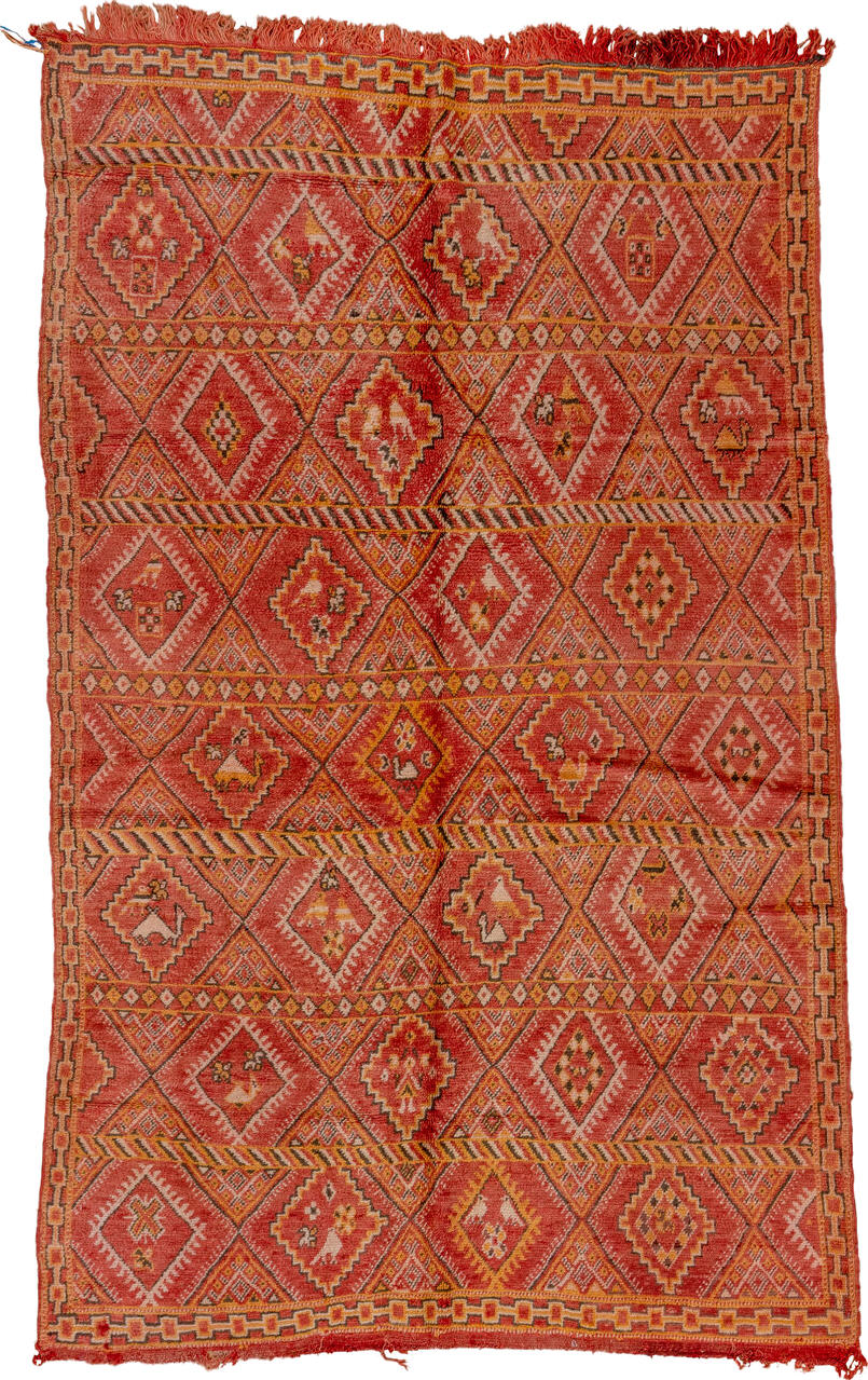 5' x 8' one-of-a-kind handmade vintage Moroccan medium size rug. Color palette: brown, dark red, orange, peru, pink, red