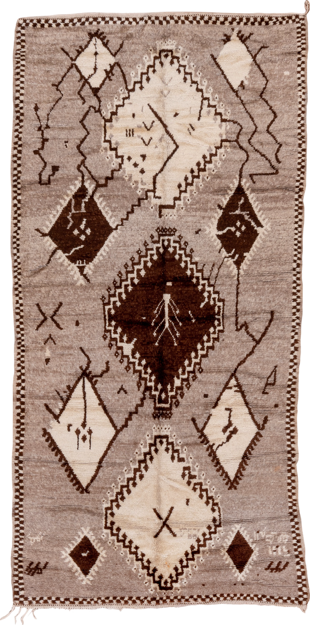 4' x 9' one-of-a-kind handmade vintage Moroccan runner rug. Color palette: taupe, ivory, brown, cream, charcoal, beige, gray