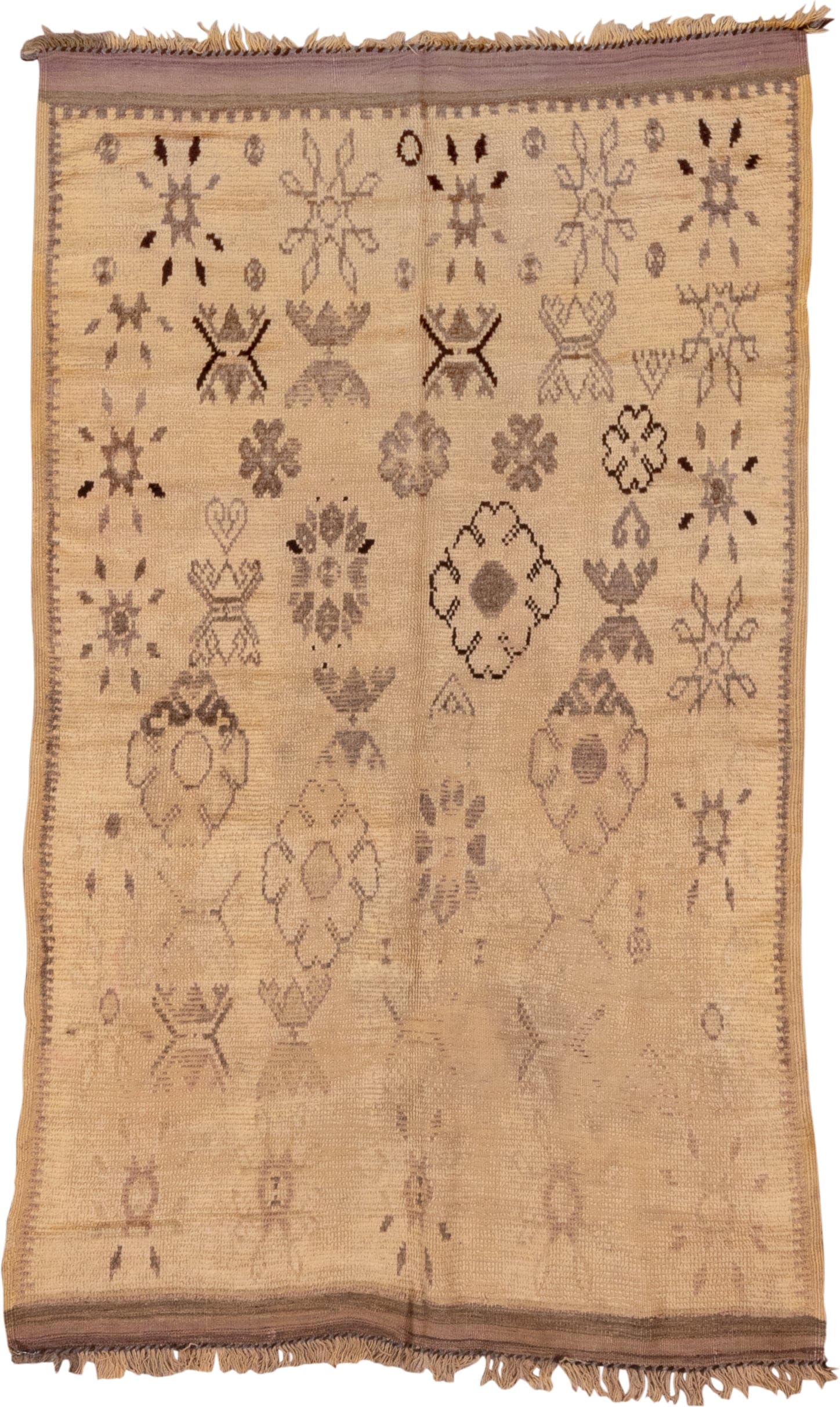 4' x 7' one-of-a-kind handmade vintage Moroccan rug. Color palette: camel, taupe, brown, charcoal, beige, gray, black
