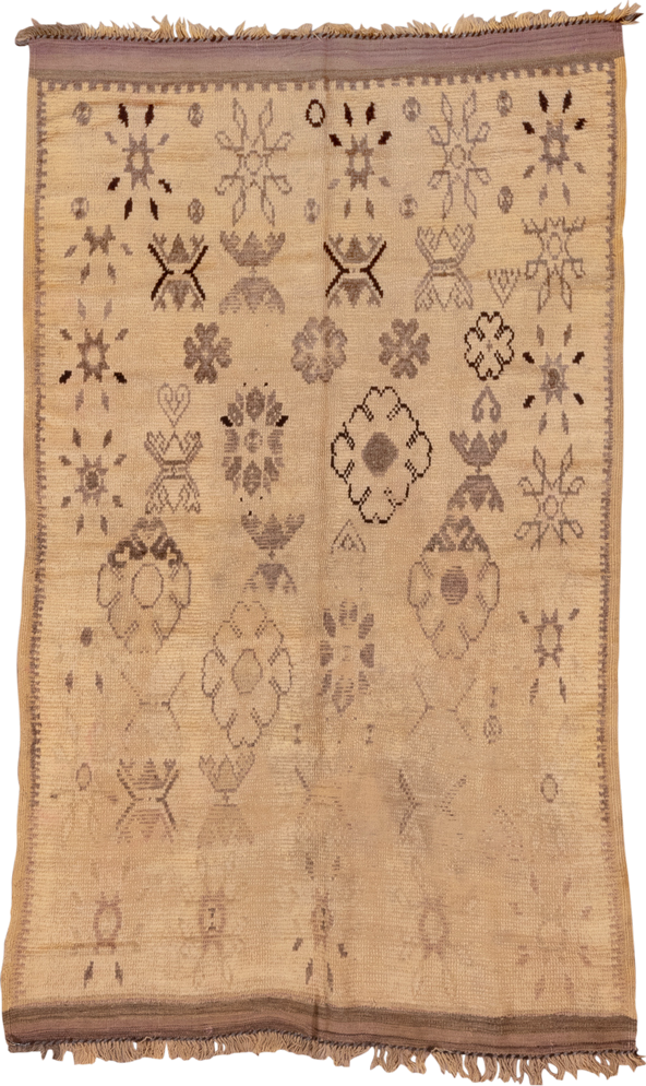 4' x 7' one-of-a-kind handmade vintage Moroccan rug. Color palette: brown, burlywood, off-white, orange, pink, snow, tan