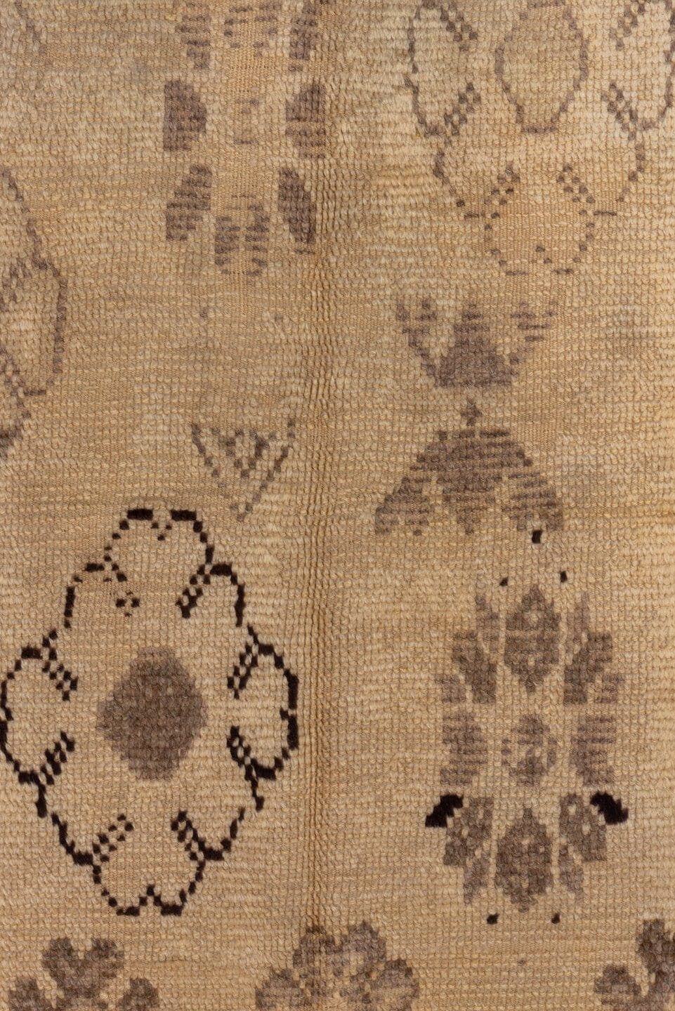 4' x 7' one-of-a-kind handmade vintage Moroccan rug. Color palette: camel, taupe, brown, charcoal, beige, gray, black