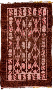 3' x 6' one-of-a-kind handmade vintage Moroccan small size rug. Color palette: brown, blush, rose, charcoal, pink, red, gray